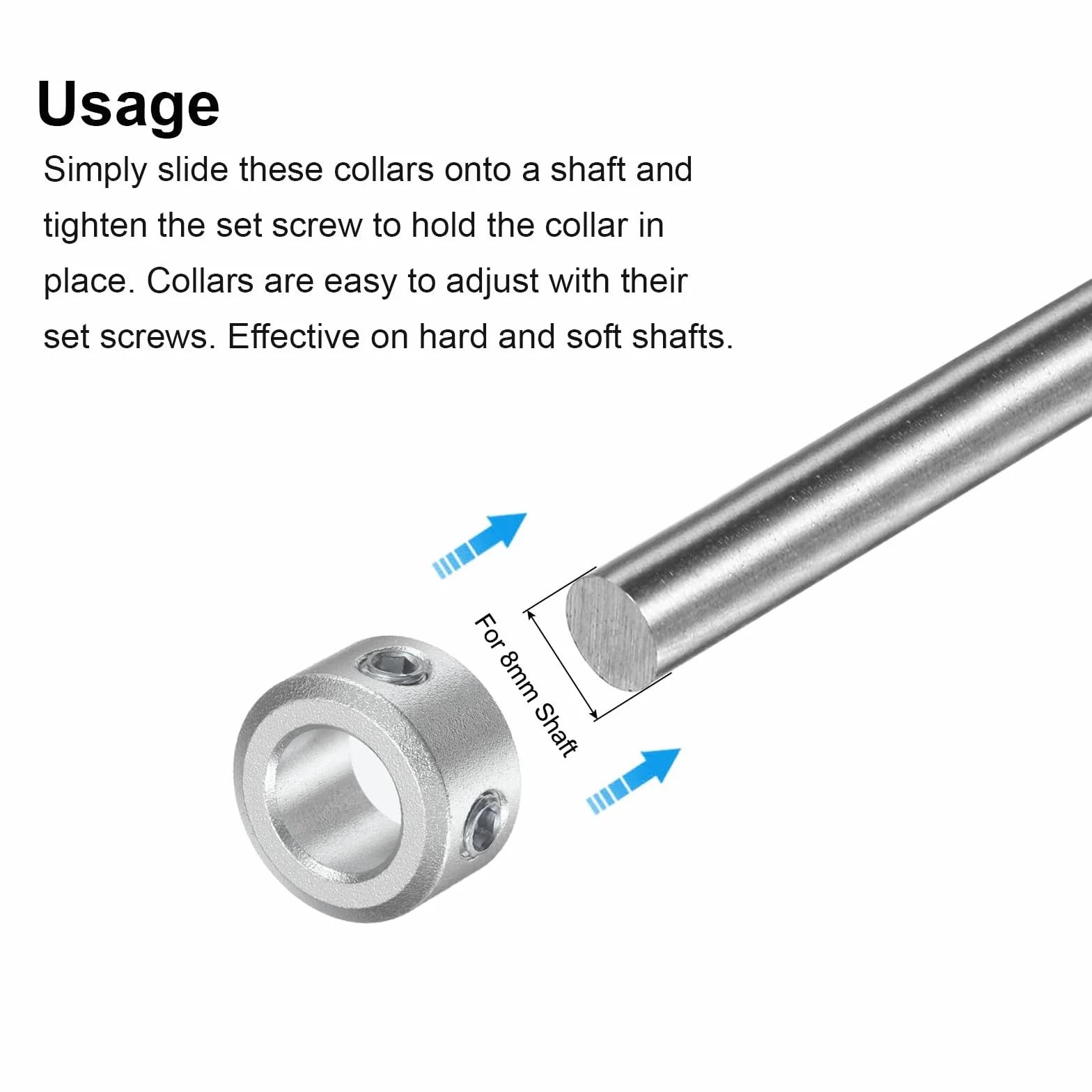 QUARKZMAN Zestaw kołnierzy dzielonych wału 8 mm, 2 szt. Kołnierze blokujące 14 mm OD, grubość 8 mm, kołnierz blokujący ze stopu aluminium ze śrubami mocującymi M4 i jednym kluczem