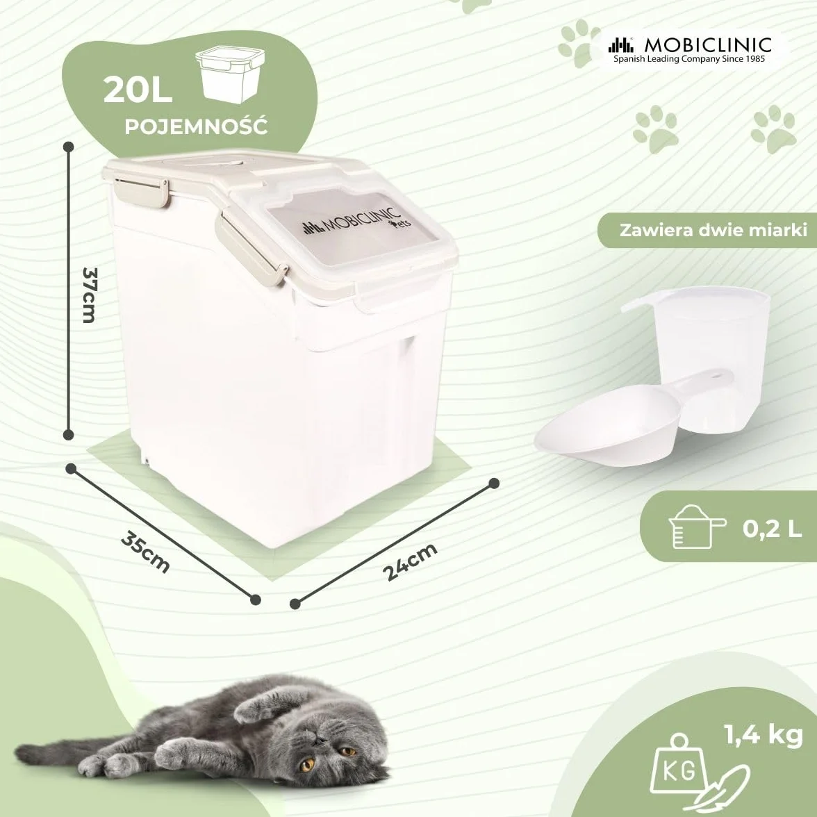 Mobiclinic®, Pojemnik na karmę, Dla zwierząt, Feedpet, Pojemność 20L / 8Kg, Hermetyczne zamknięcie, 23x25, 5x36, 5 cm, Zestaw z łopatką i miarką, Kołami, Przezroczyste okno