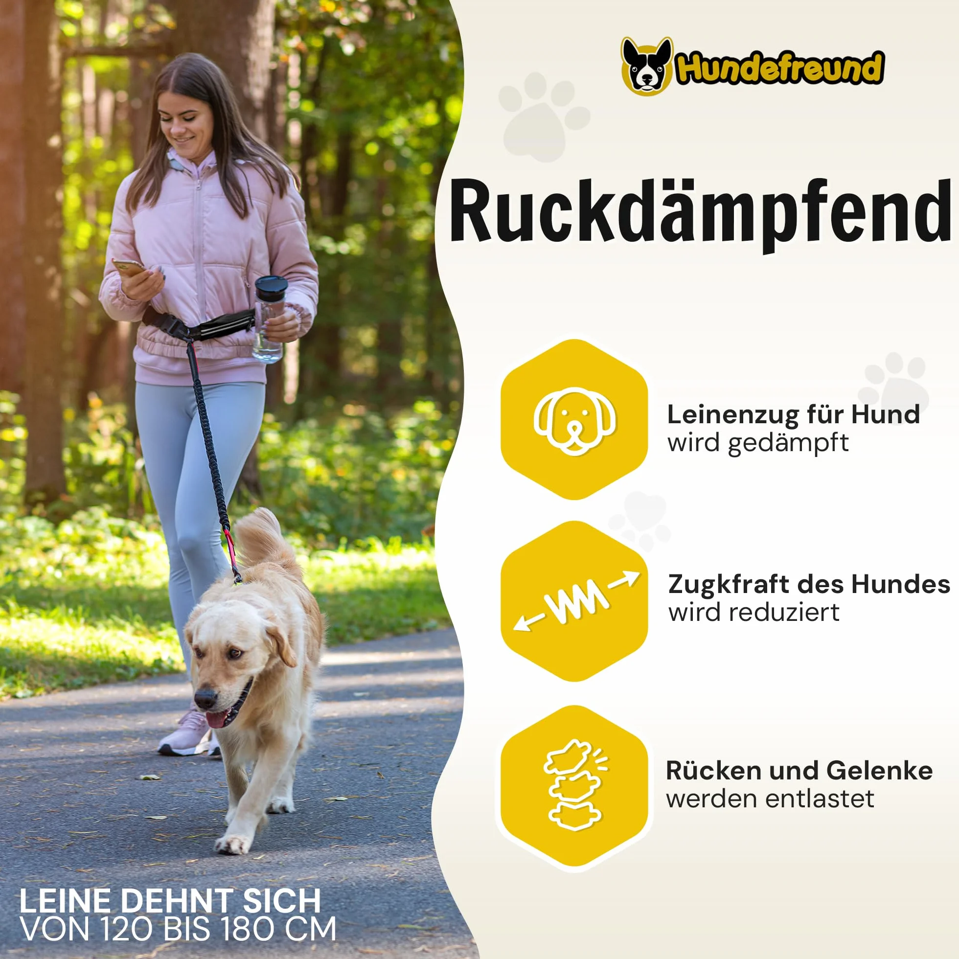 Hundefreund Smycz z paskiem bez użycia rąk dla średnich i dużych psów Canicross elastyczna smycz 120-180 cm (Czarny)