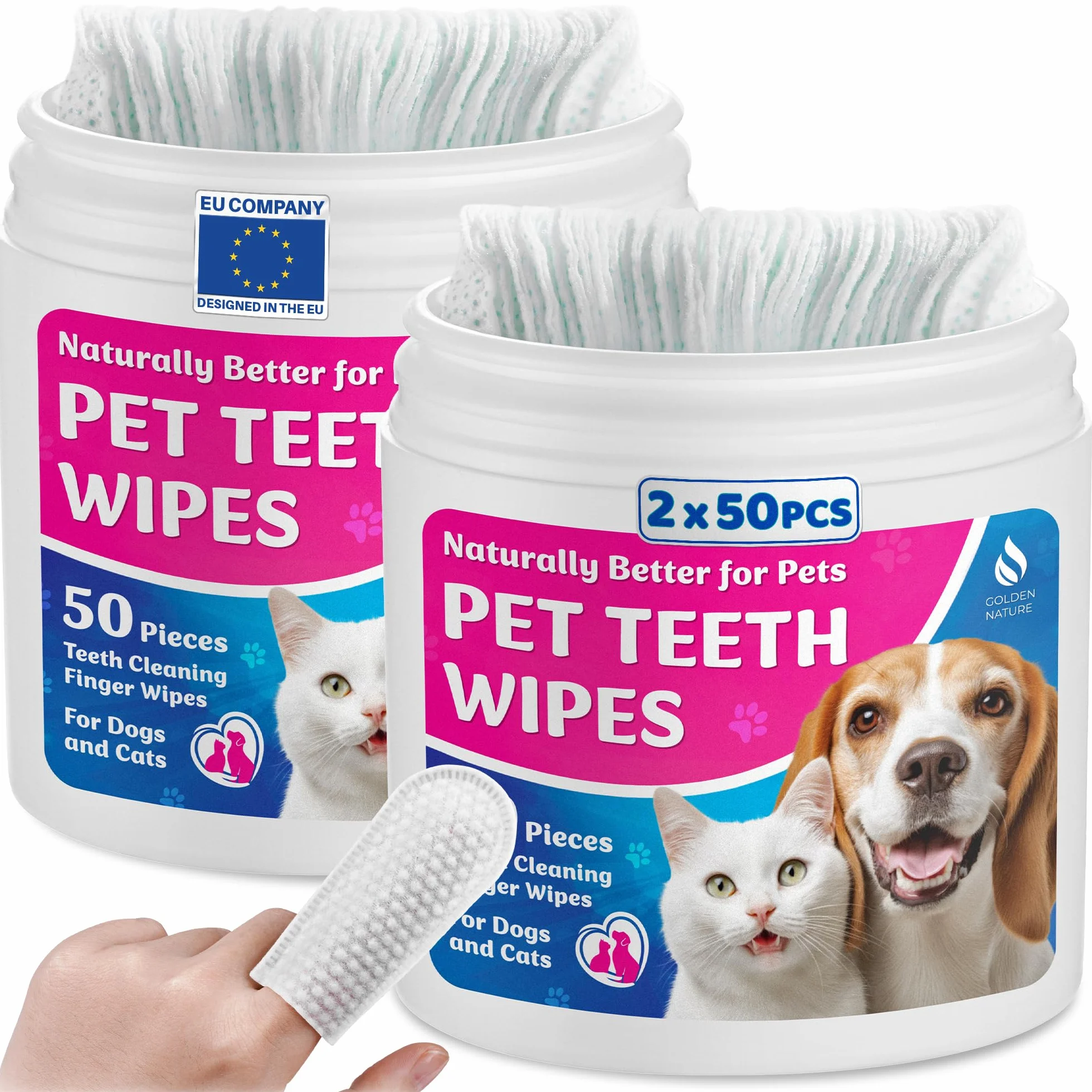 Teeth Cleaning Wipes for Dogs and Cats - 100 Pcs - Pet Dental Care Finger Pads/Mouth Wipes for Fresh Breath, Plaque and Tartar Removal