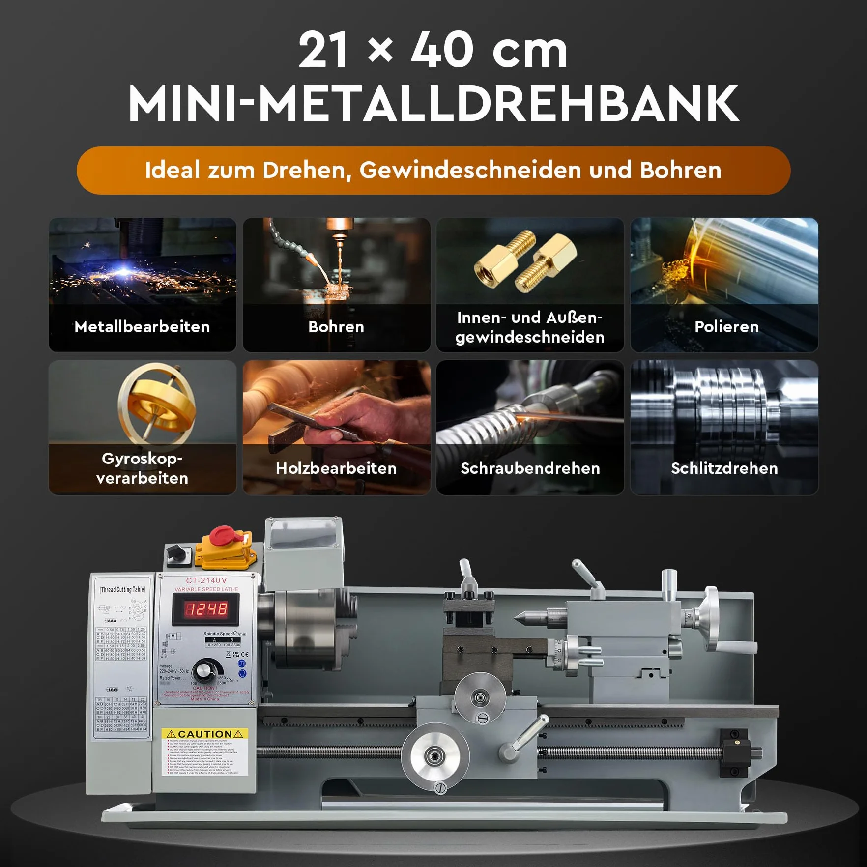 CREWORKS metalowa tokarka 750 W, tokarka 8x16 cali, stołowa tokarka 210x400 mm, tokarka metalowa 2500 obr./min, mini tokarka do metalu do precyzyjnej obróbki metalu, metalowa tokarka (8 x 16 cali)