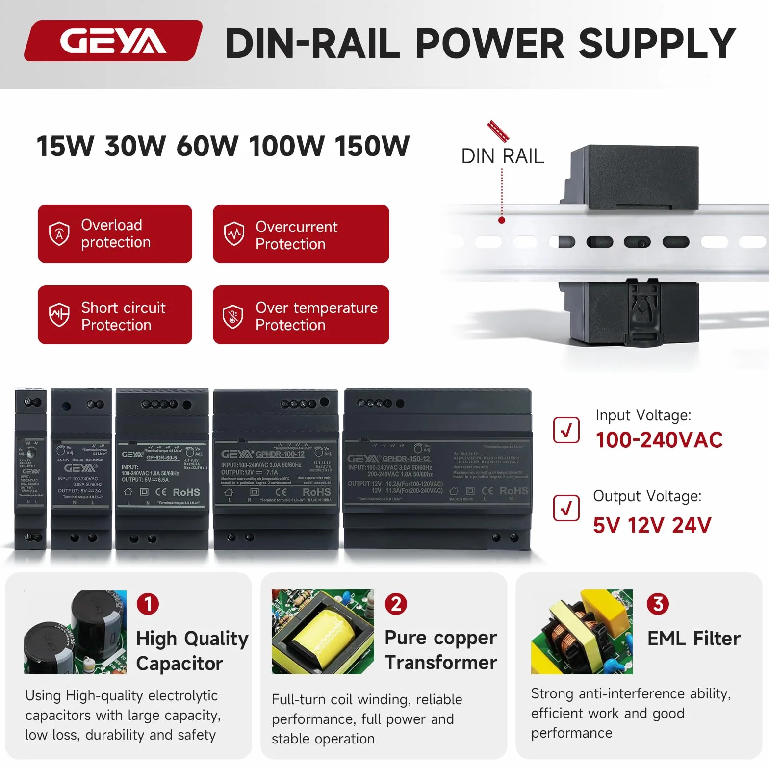 GEYA Transformator jednofazowy zasilacz przełączający do montażu na szynie DIN AC100V-240V do DC12V (GPHDR-30W-12V-2A)