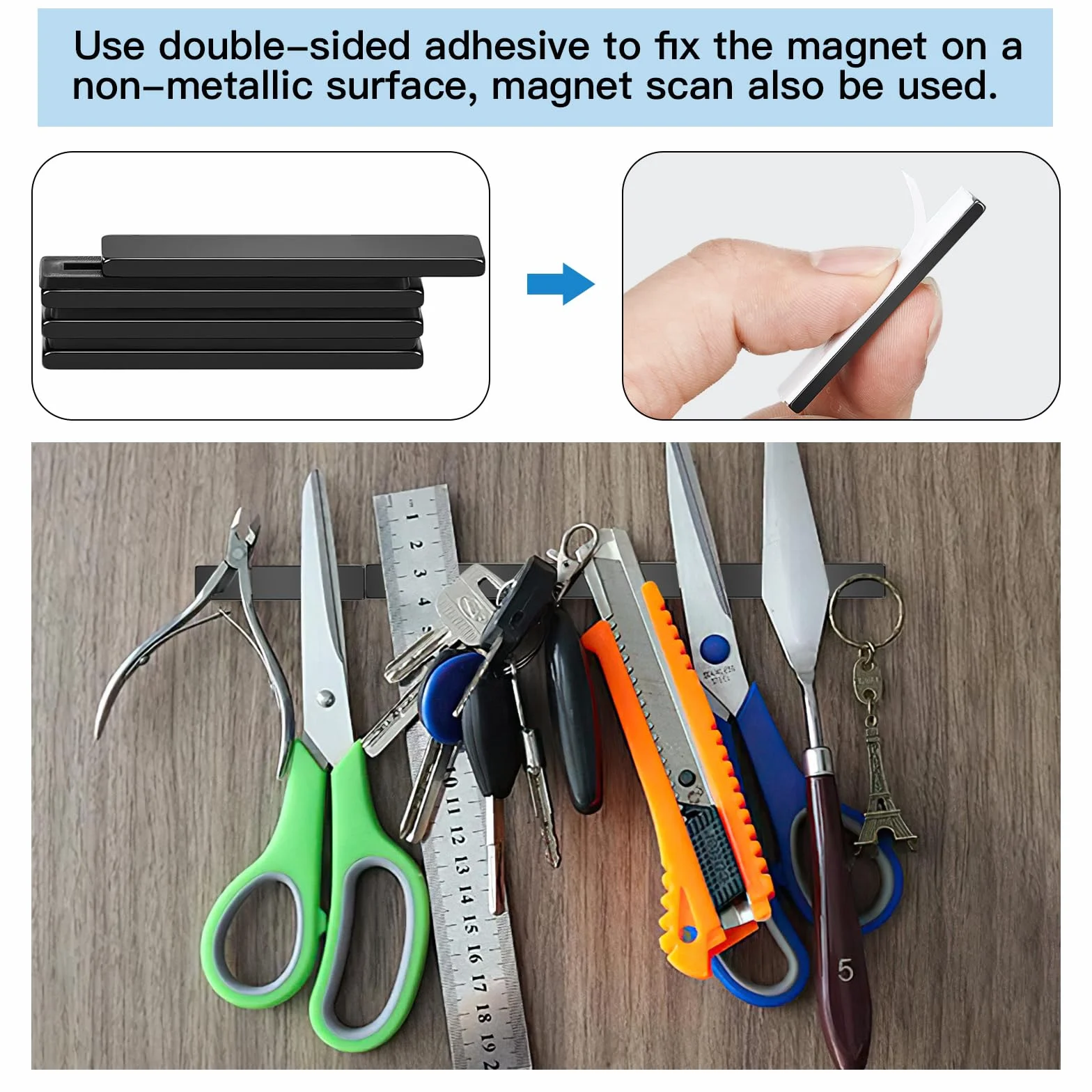 Wukong Mocne magnesy neodymowe 50 x 10 x 3 mm, 4 czarne magnesy z naklejkami, małe prostokątne magnesy neodymowe do kuchni, biura i magazynu