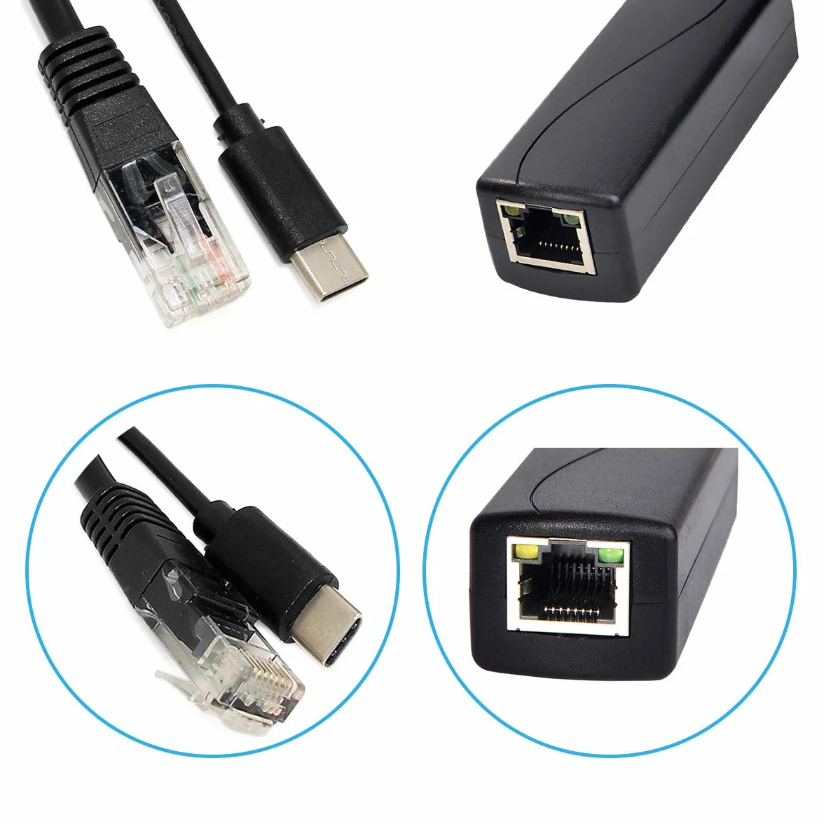 Revotech Gigabit Aktiv PoE rozdzielacz typu C 5 V 2,4 A, IEEE 802.3af 10/100/1000 Mbps do ładowania typu C RJ45 port zasilanie przez adapter rozdzielacza typu C Ethernet (TYPEC0502G)