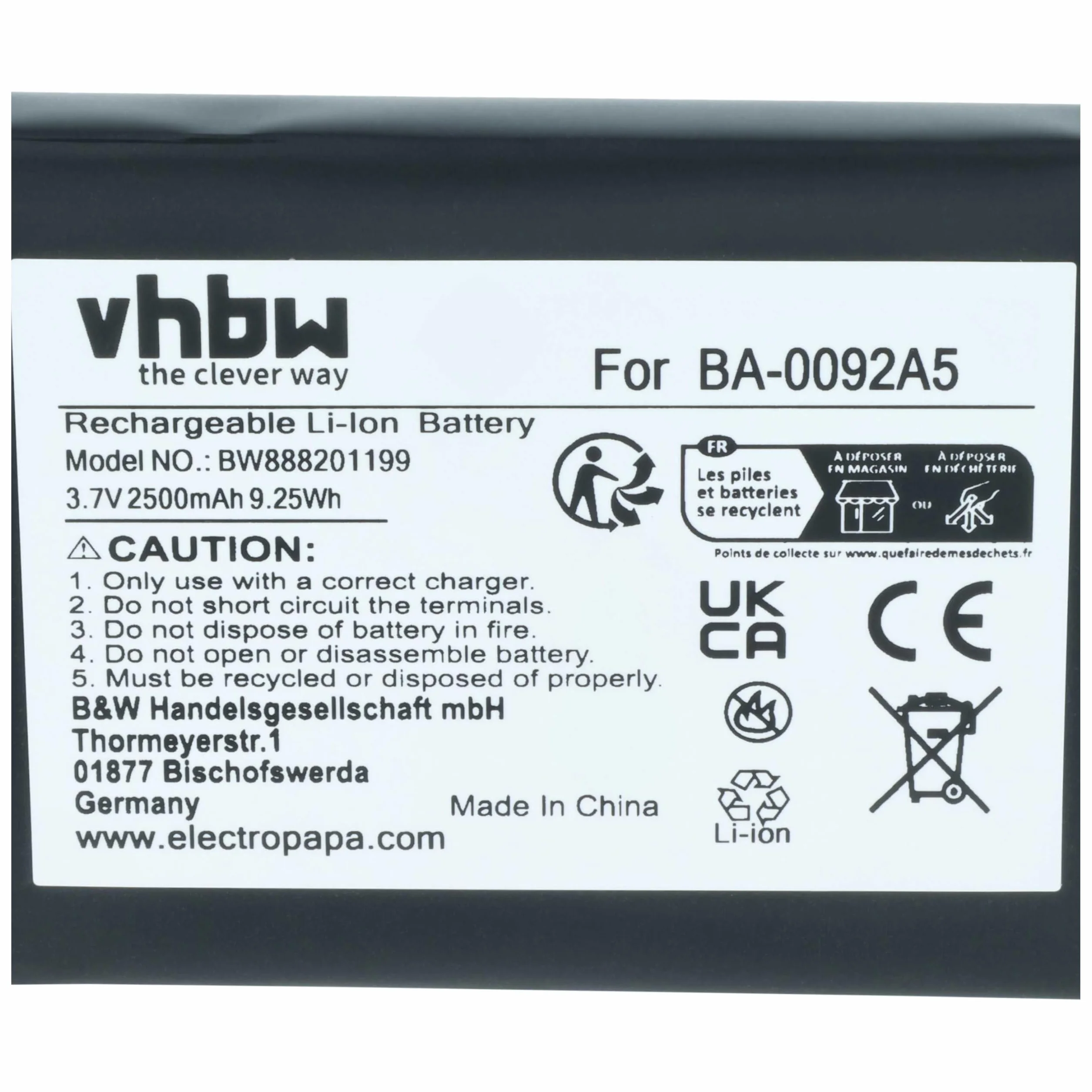 vhbw Akumulator zastępczy do CipherLab BA-0092A5, 2500 mAh, 3,7 V, litowo-jonowy do skanera kodów kreskowych POS