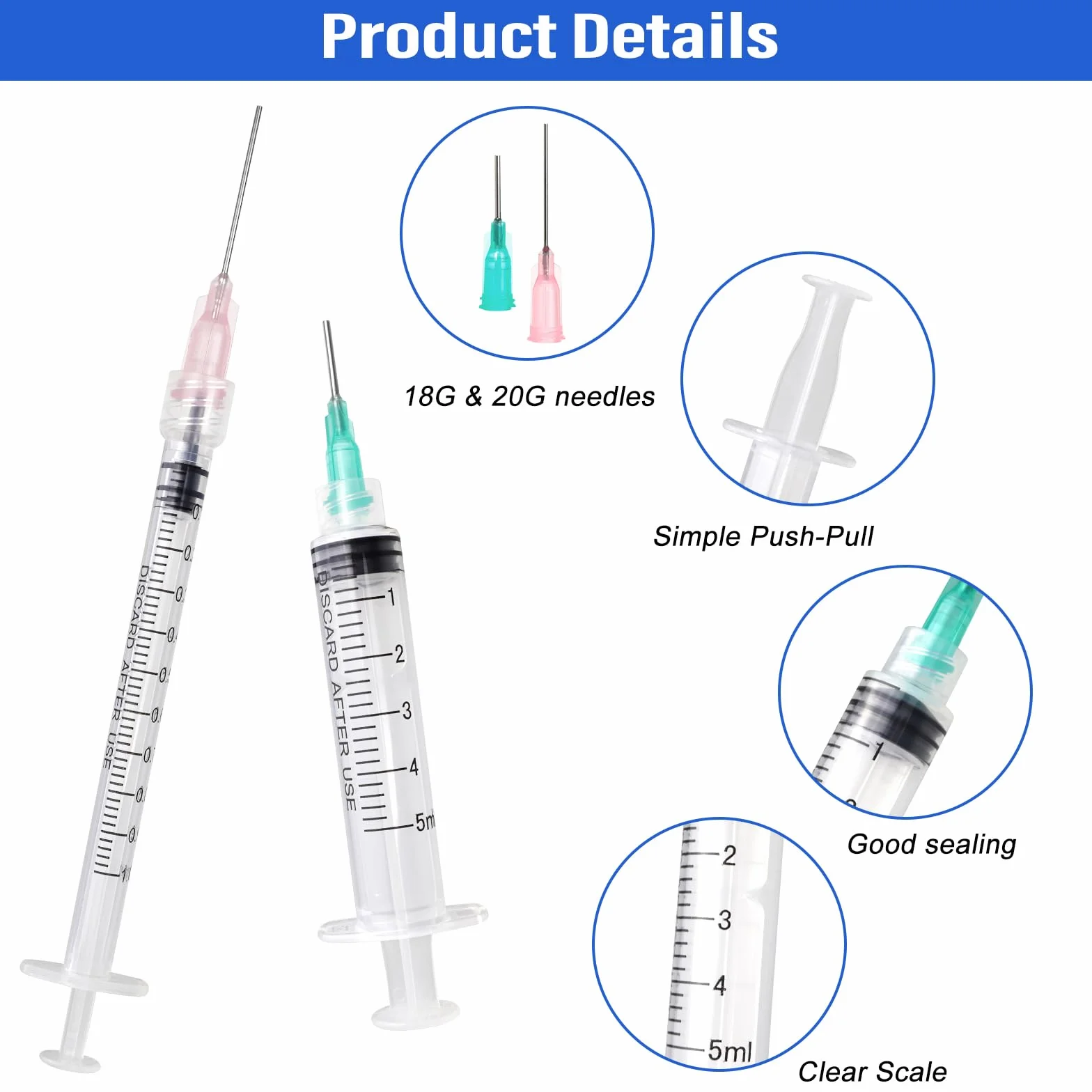 10 Sztuk Strzykawki 5 ml i 1 ml z Tępą Igłą - Plastikowa Strzykawka Wielokrotnego Użytku z Pomiarem Do Laboratorium, Przemysłu, Kleju