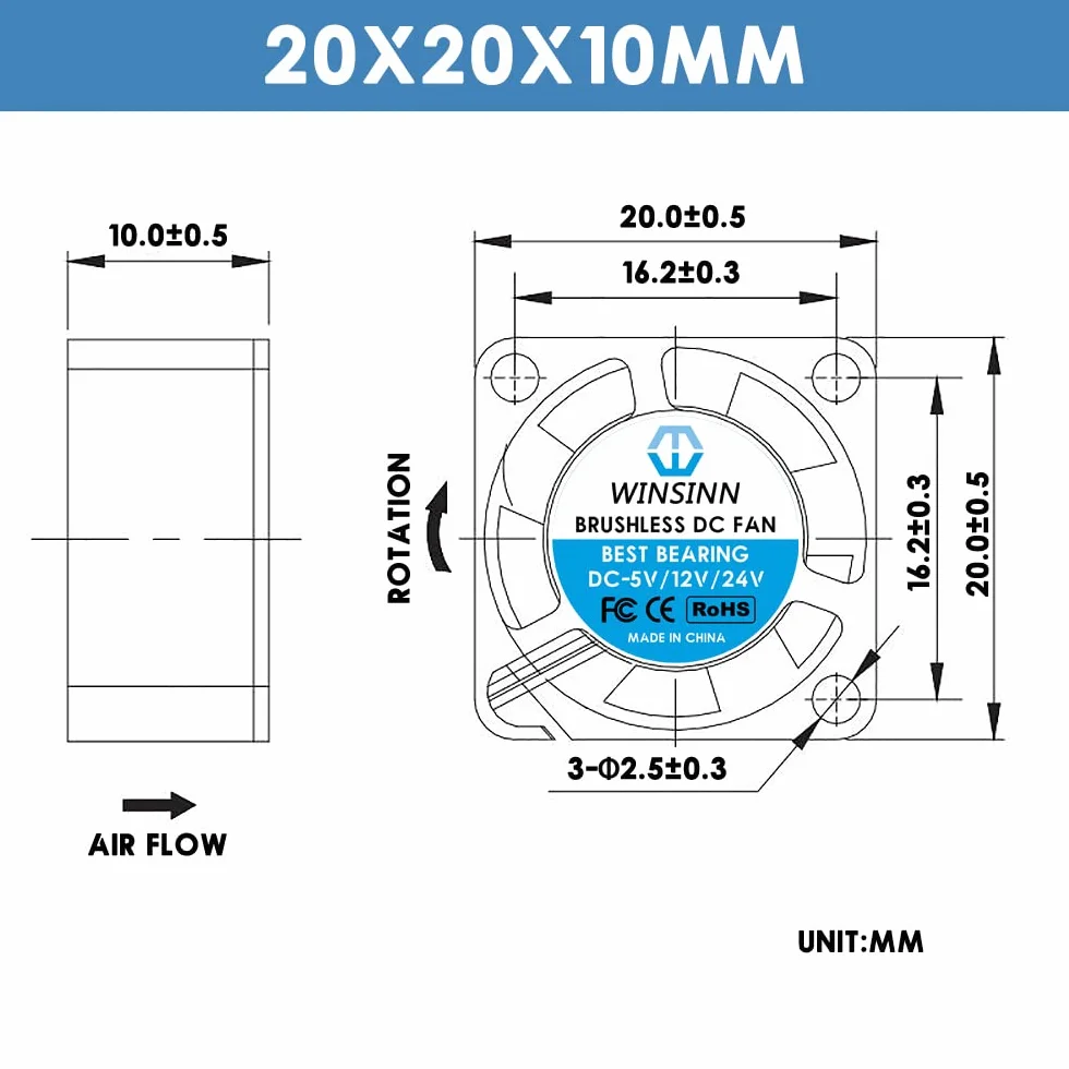 WINSINN 20 mm mini wentylator 5 V hydrauliczne łożysko bezszczotkowe 2010 20 x 10 mm - wysoka prędkość (opakowanie 2 szt.)