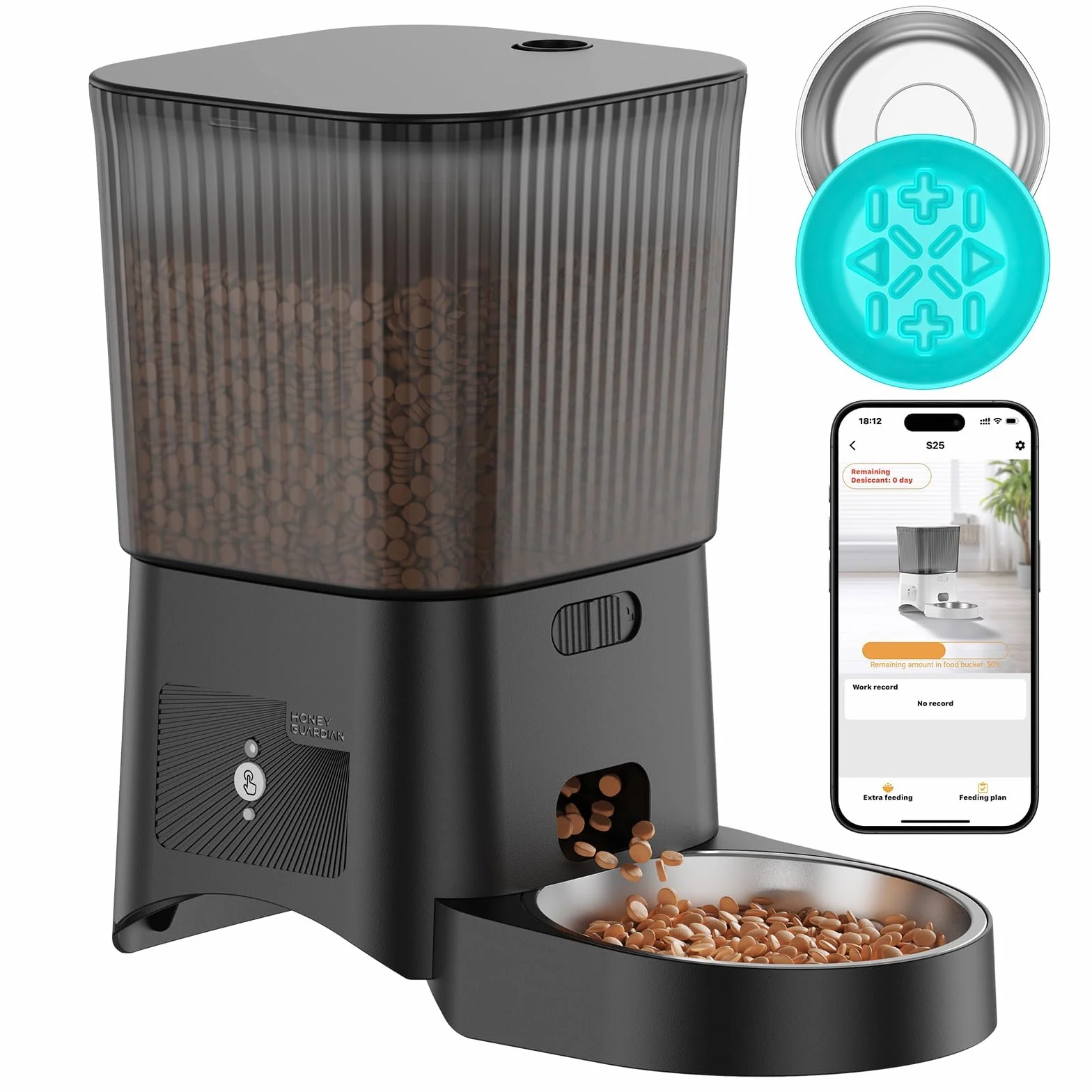 HONEYGUARDIAN 3,5 l automat do karmy dla kota z miską ze stali nierdzewnej i powolną miską na karmę