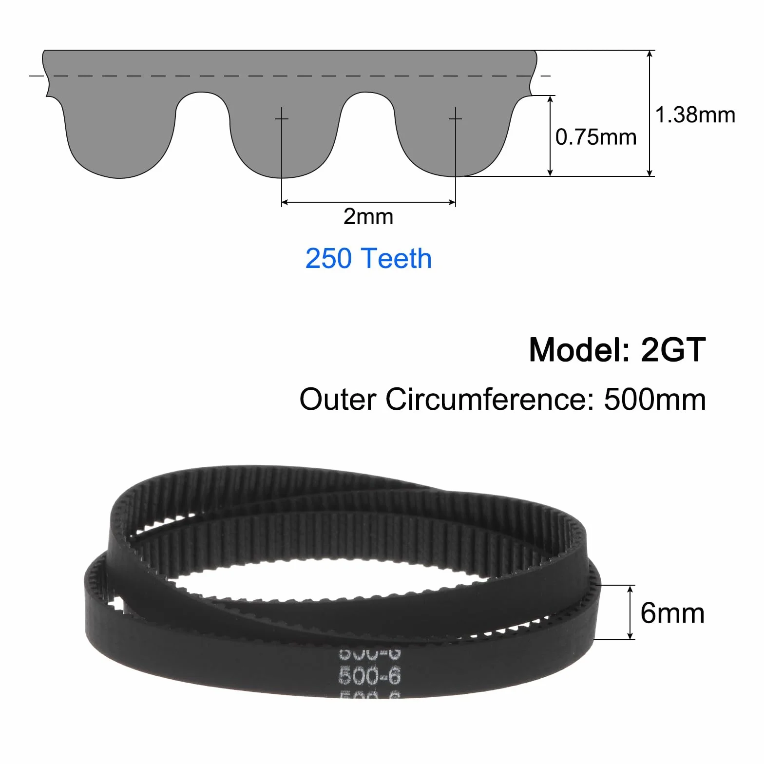 QUARKZMAN 2GT pasek rozrządu zamknięty pętlą gumowy 500-2GT-6 6 mm x 500 mm