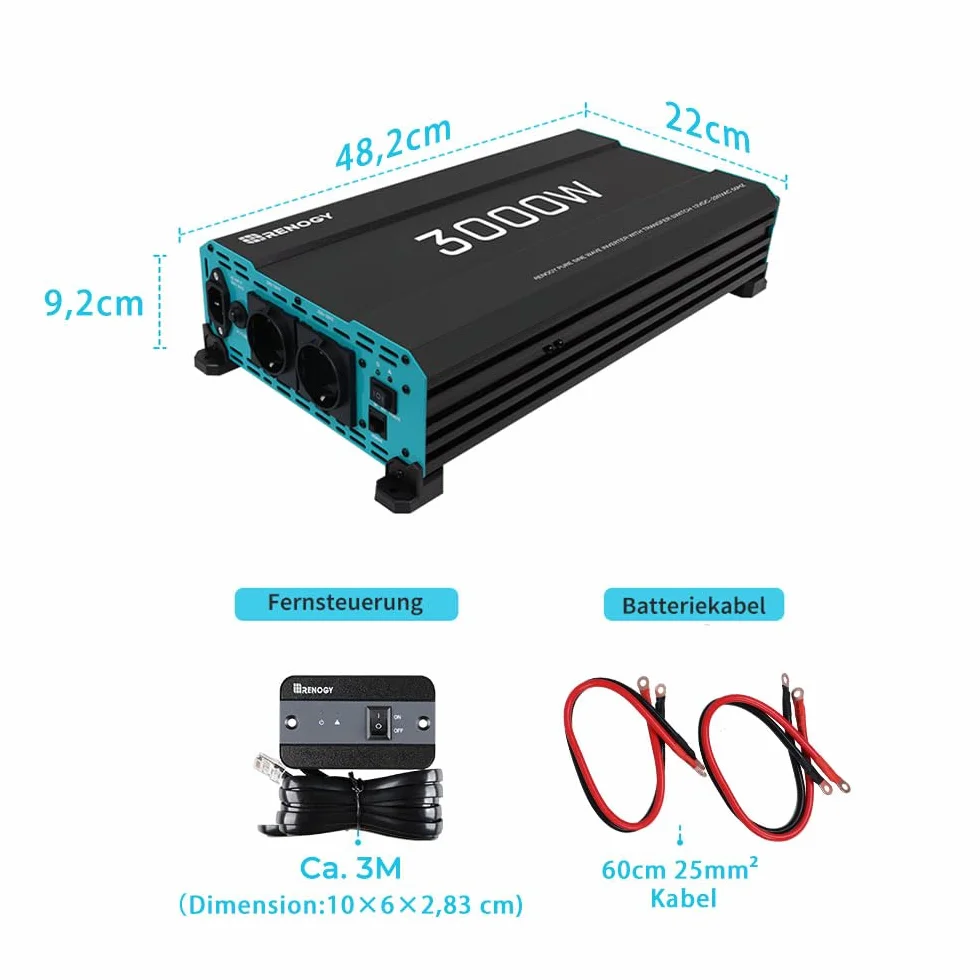Renogy Falownik sinusoidalny 3000 W/6000 W, 12 V do 230 V, czysty falownik z układem priorytetowym, przetwornica napięcia z 2 gniazdami do urządzeń domowych