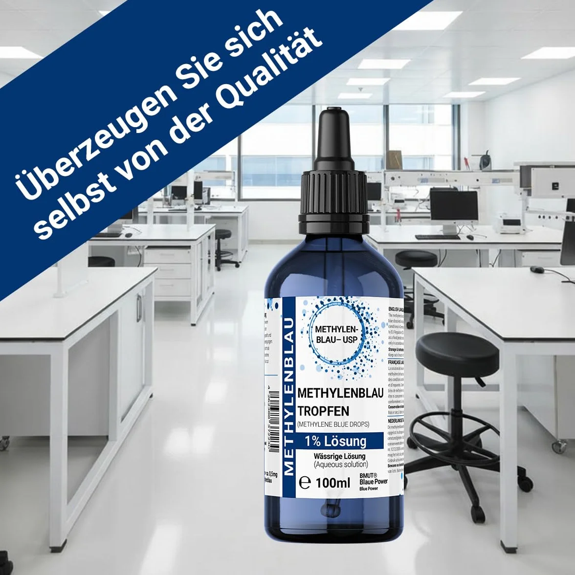 1 x 100 ml roztwór błękitu metylenowego 1% – kropla w butelce z brązowego szkła z pipetą – wysoka czystość Methylene Blue bez dodatków – jakość farmaceutyczna USP – z Niemiec