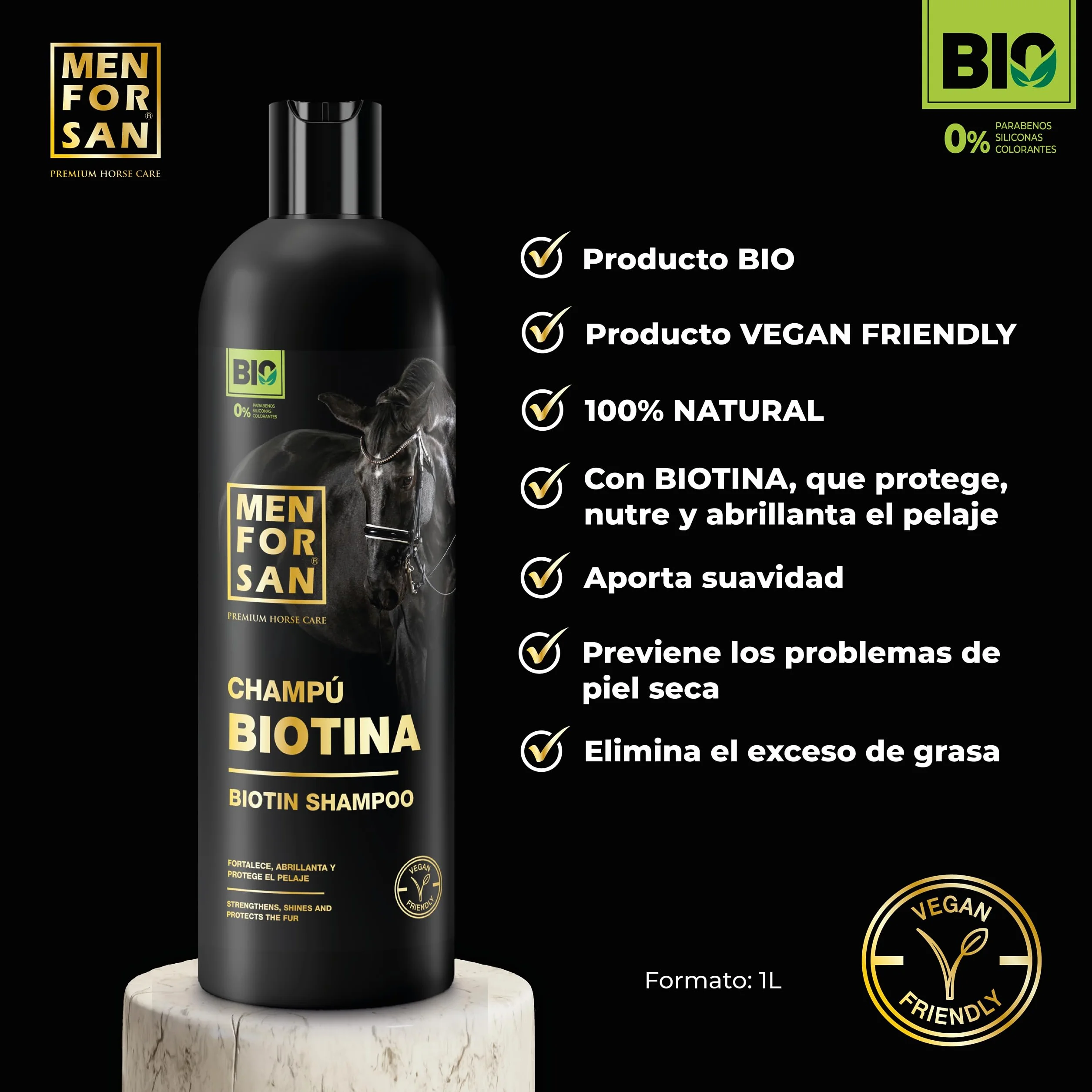 MENFORSAN Biotyna Szampon dla Koni, 1L | Bio - Wegańskie - 100% Naturalne | Pielęgnacja koni premium