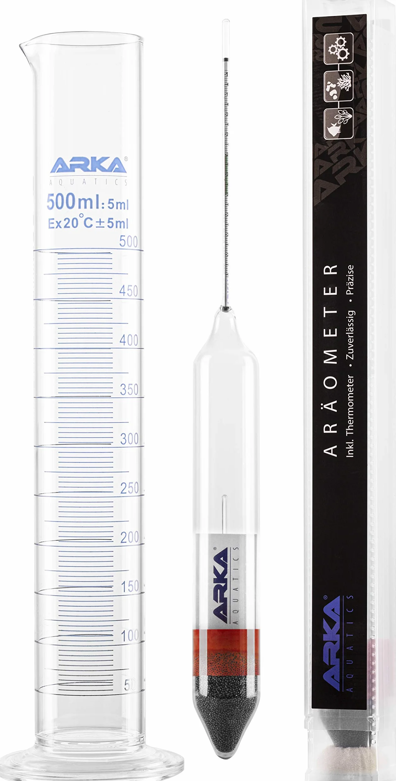 ARKA Aquatics Areometer Set - Gęstościomierz z termometrem i cylindrem pomiarowym - do każdego akwarium morskiego, bezpieczny i łatwy w użyciu.