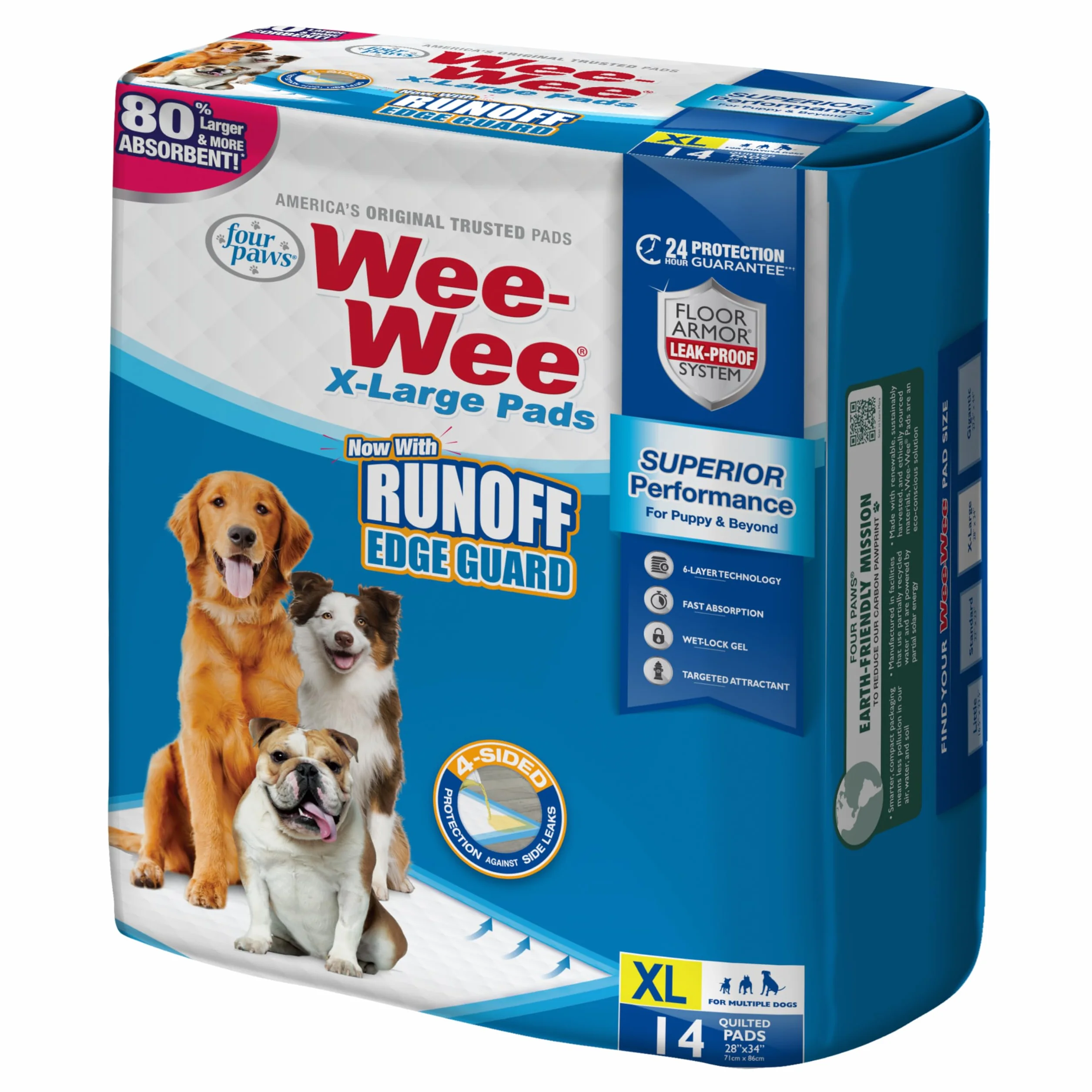 Four Paws Wee-Wee Superior Performance XL podkładki do siusiu dla psów i szczeniąt do nauki korzystania z nocnika, włamania do domu i artykuły dla szczeniaków, 71 x 86 cm, 14 szt