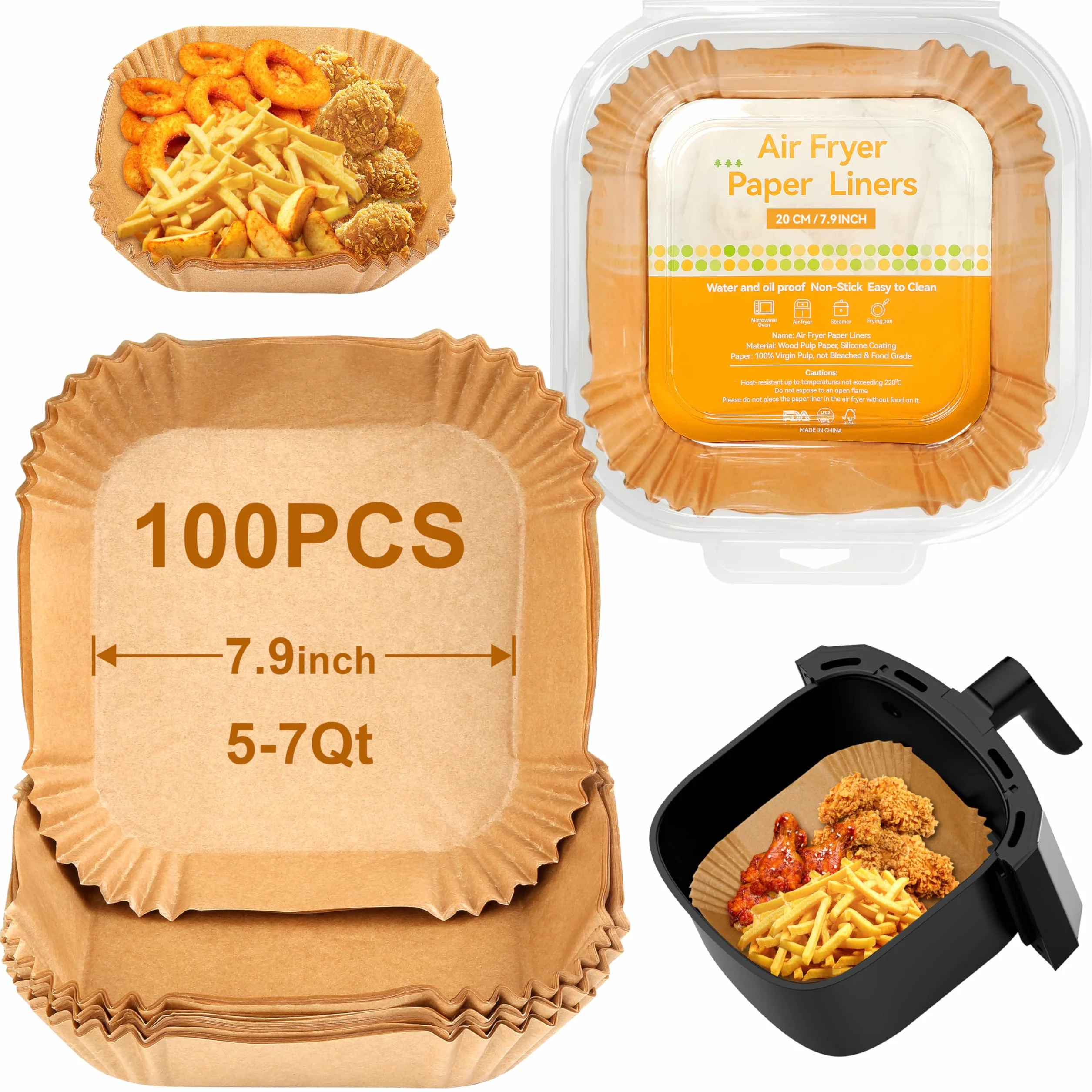 100 szt. Papier do piekarnika do frytkownicy powietrznej, 20 cm kwadratowy, wolny od BPA, odporny na olej i żaroodporny, papier do frytkownicy powietrznej do kuchenek mikrofalowych o pojemności 5-7