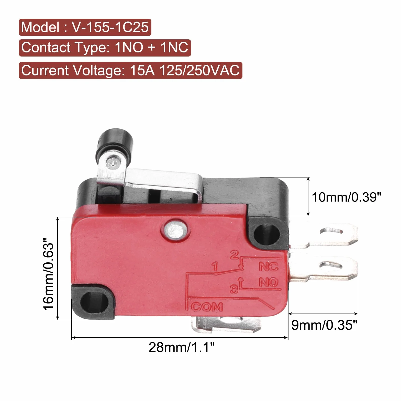 QUARKZMAN 6 sztuk V-155-1C25 1NO + 1NC mikroprzełącznik 15A 125/250 VAC wodoszczelny miniaturowy mikroprzełącznik do precyzyjnych komponentów