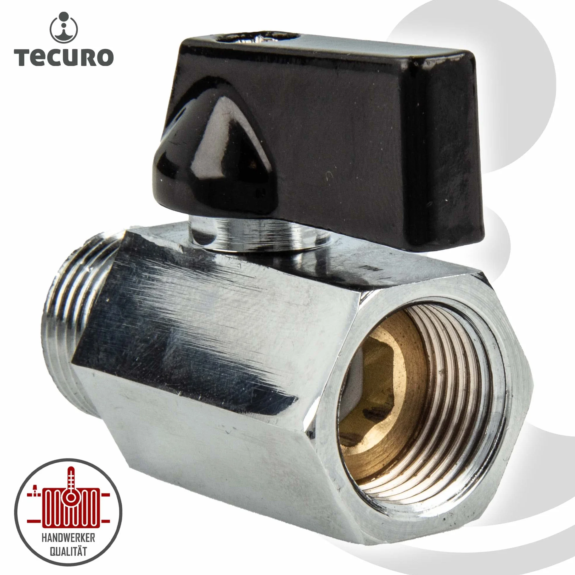 tecuro Mini-zawór kulowy 1/4 cala, gwint wewnętrzny x gwint zewnętrzny, odporny na temperaturę od -5°C do +90°C, materiał uszczelniający PTFE, mosiądz chromowany