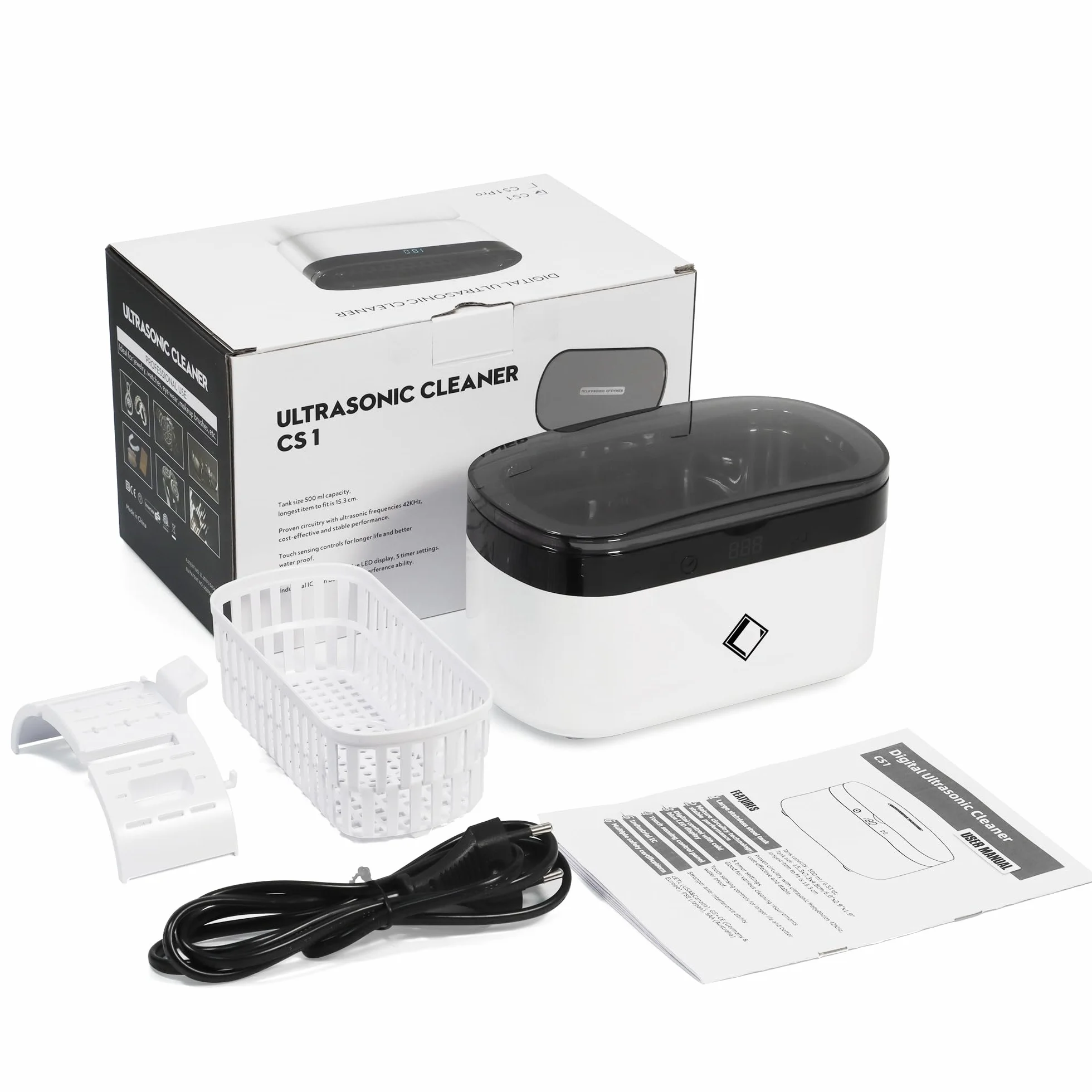 Myjka ultradźwiękowa, LifeBasis CS1 Myjka ultradźwiękowa 42000Hz 500ML Środek do czyszczenia okularów z panelem dotykowym i 5 ustawieniami czasu dla okularów Zegarki Biżuteria Protezy Monety
