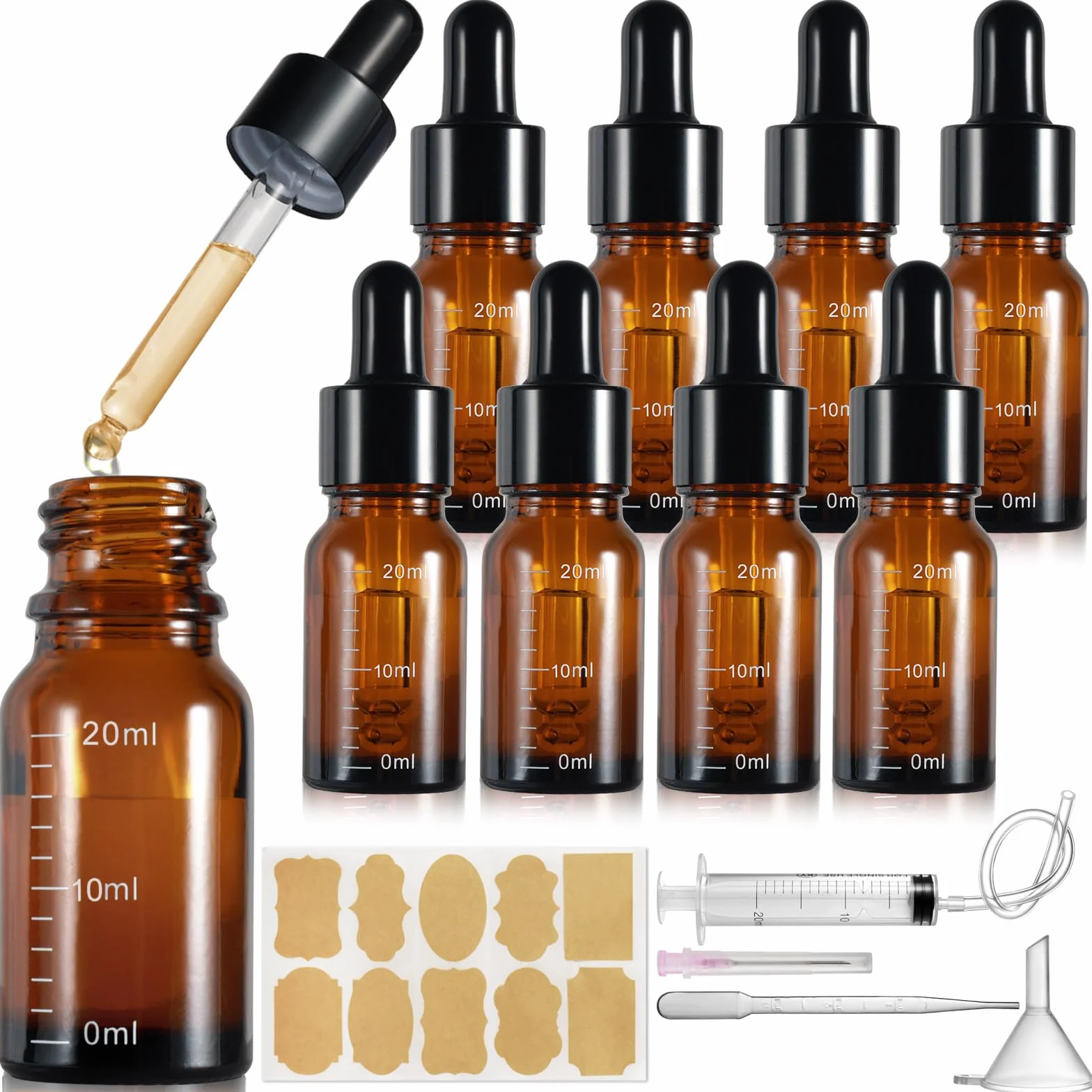 Realure 8 butelek z pipetą 20 ml, ze skalą, mała, z brązowym szkłem, butelka z kroplomierzem, butelka z pipetą, do olejków eterycznych, olejków zapachowych, płynów, 5 akcesoriów pomocniczych