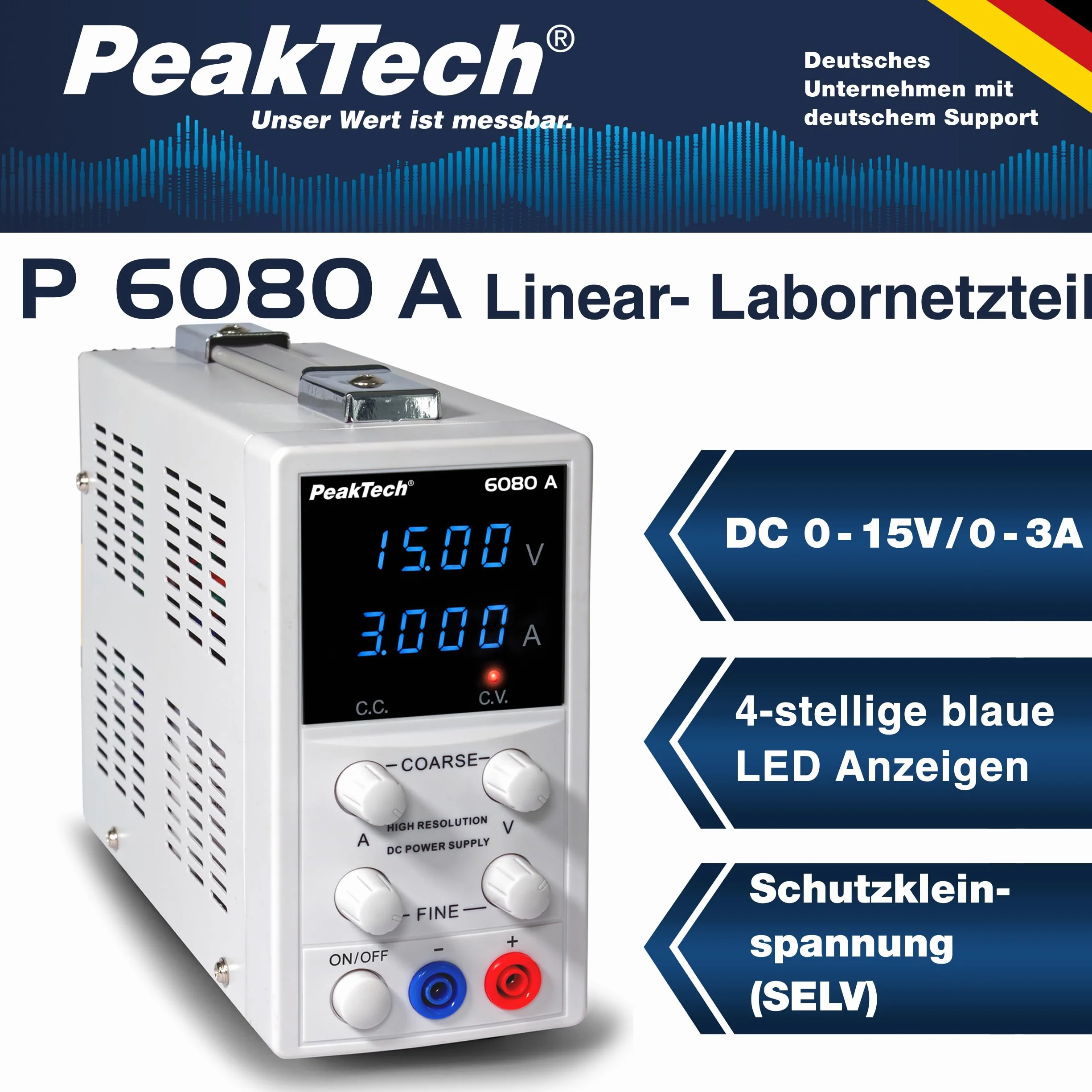 PeakTech P 6080 A - Liniowy zasilacz laboratoryjny DC, 0-15 V/ 0-3 A, z wyświetlaczem LED