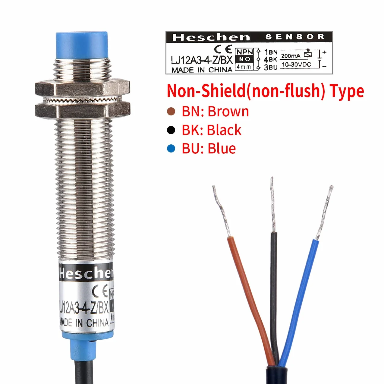 Heschen M12 Indukcyjny czujnik zbliżeniowy przełącznik nieekranowany LJ12A3-4-Z/BX 4 mm 10-30VDC 200mA NPN NO 3-przewodowy
