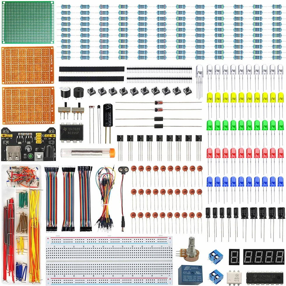 Zestaw komponentów elektronicznych z e-bookiem, przewodami połączeniowymi, LED i rezystorami do lutowania PCB