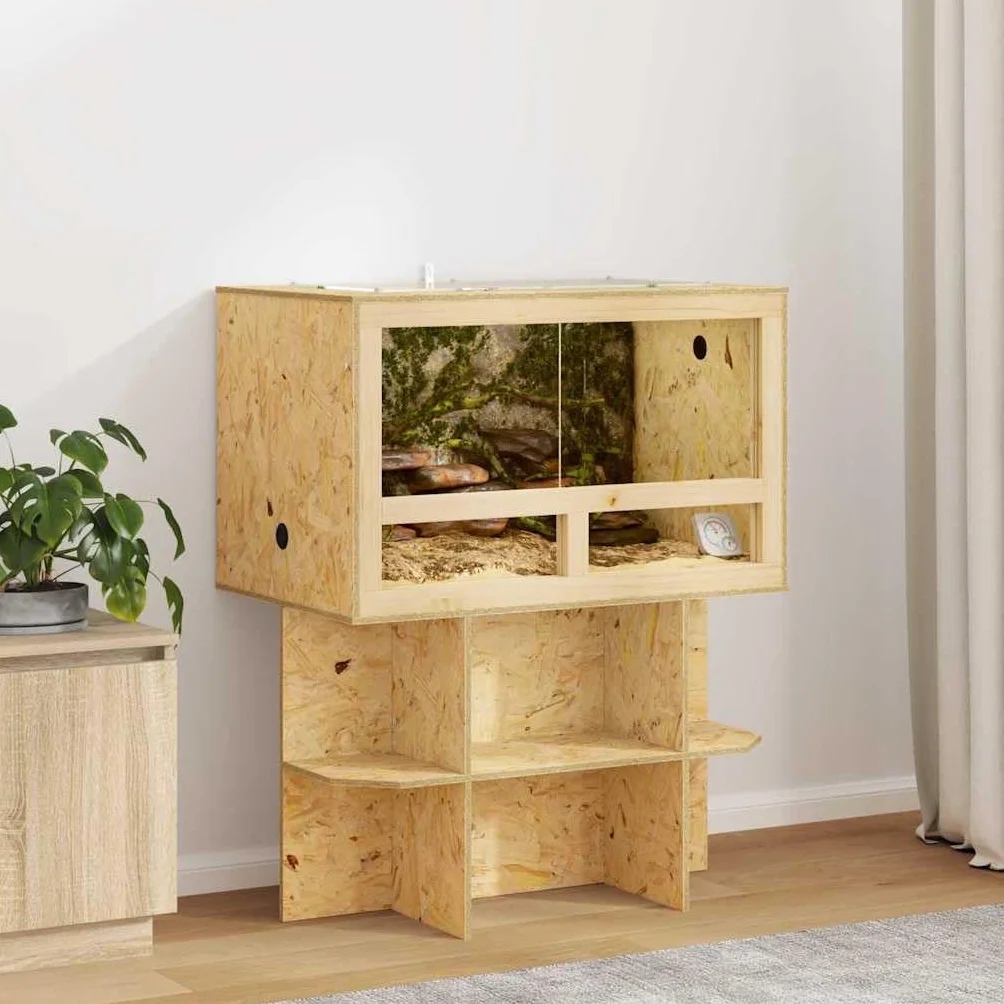 Terrarium brązowe, 80 x 50 x 100 cm, OSB z drzwiami przesuwnymi, termometrem, wentylacją i stabilną ramą drewnianą dla gadów, gryzoni, płazów, idealne do wnętrz