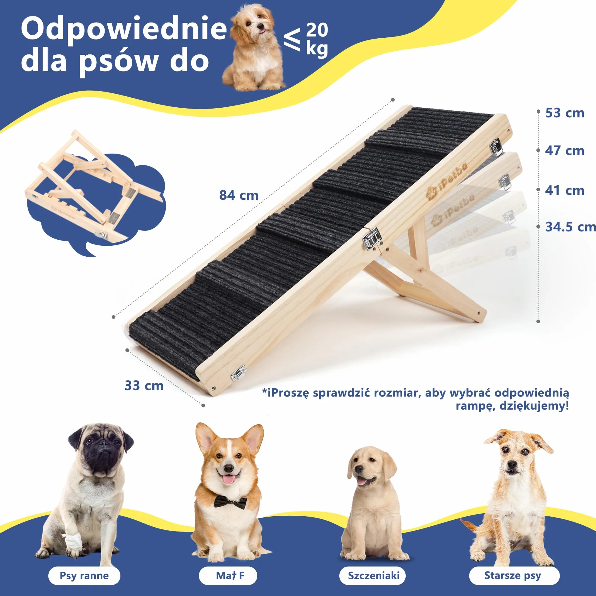 Rampa dla Psów dla Małych Psów Schody dla Psa do łóżka sofy Składana Regulowana 53 cm