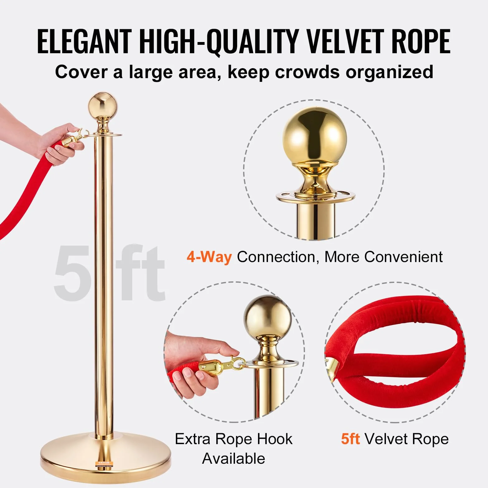 VEVOR Stanchion Post z aksamitną linką 4-pak, 152 cm, ze stali nierdzewnej, przegroda barierowa