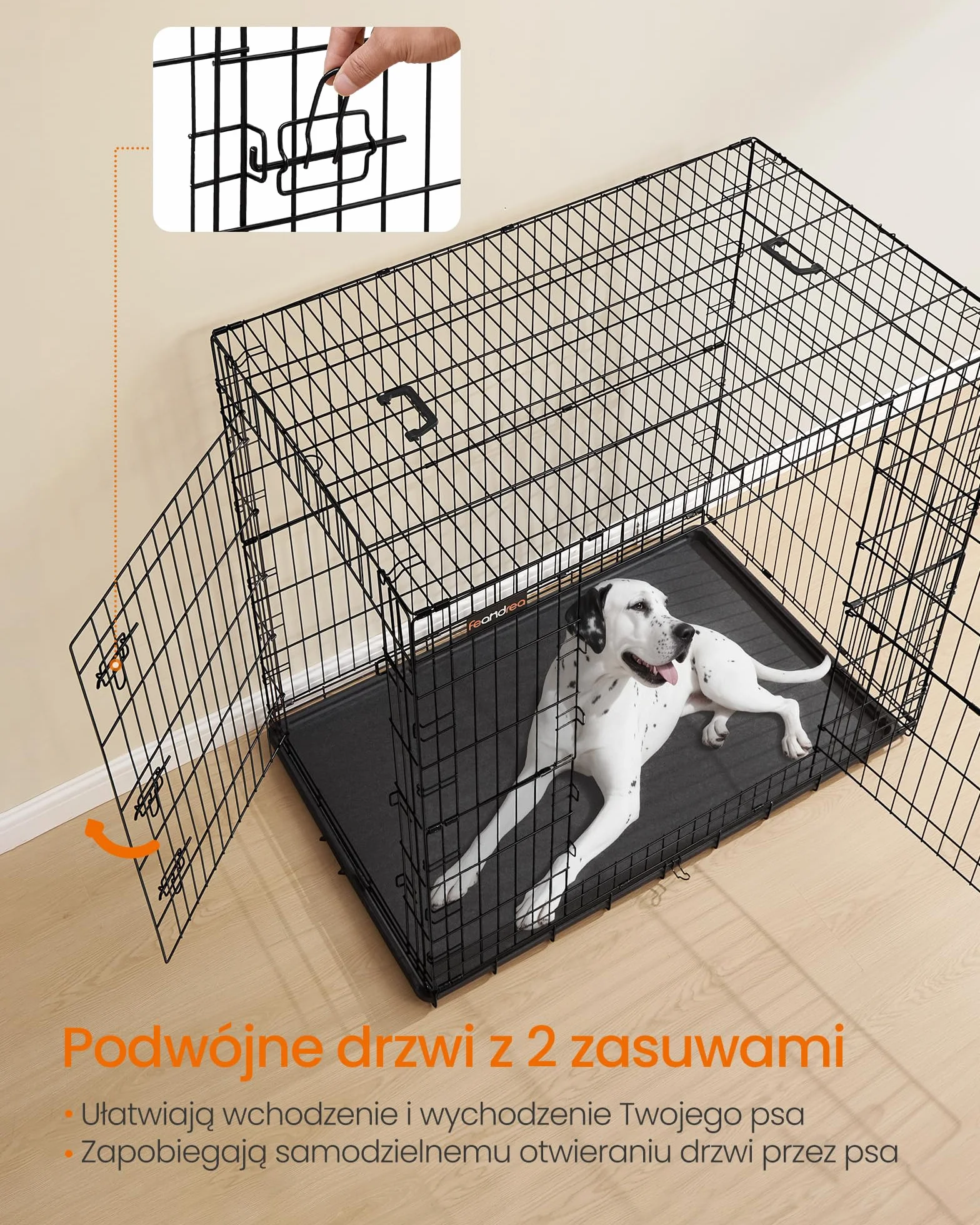 Feandrea Klatka dla psa, składana, z 2 drzwiami, wysuwana miska z tworzywa sztucznego, 122 x 74 x 114 cm, XXL, wysoka, czarna PPD050B01