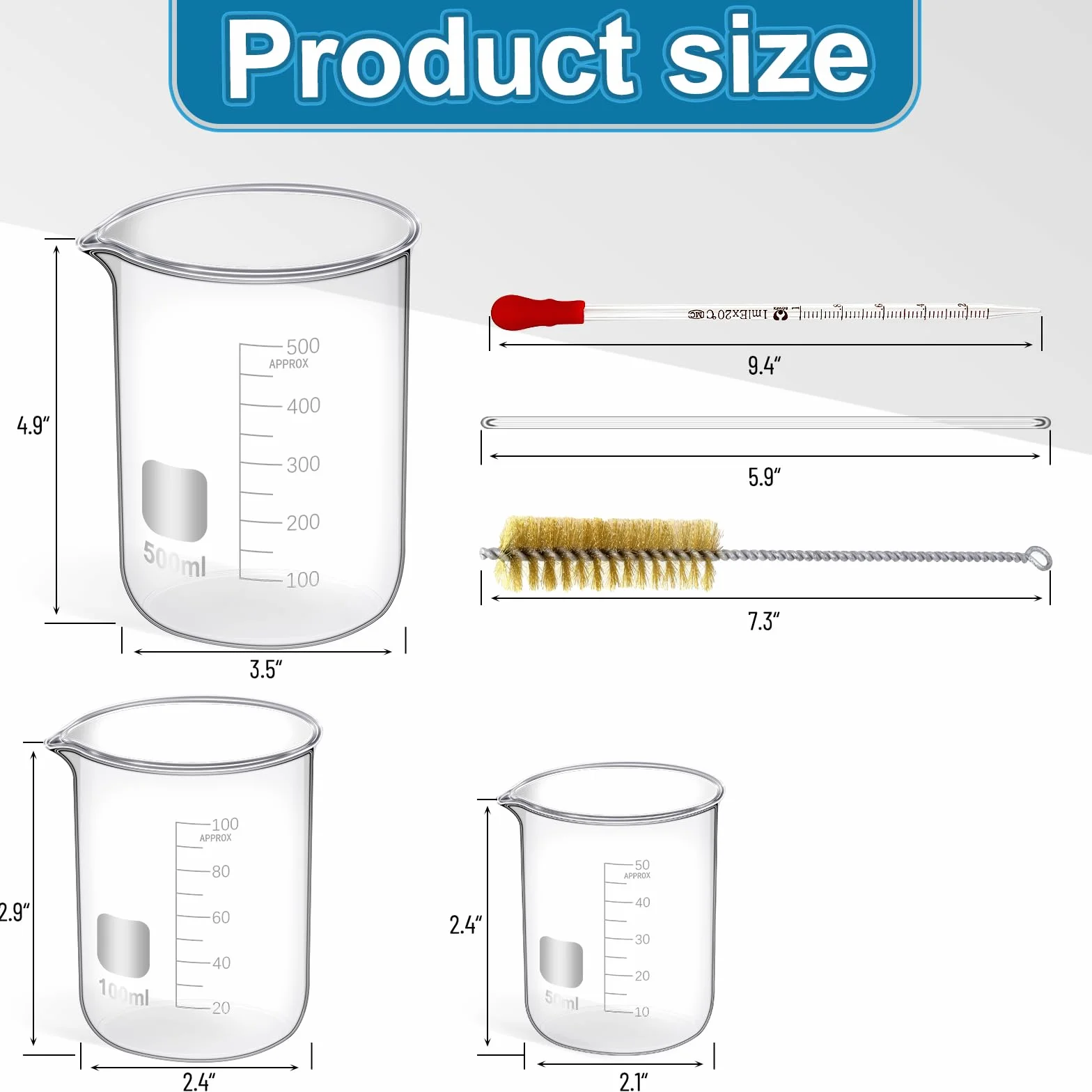 14 sztuk szklanych kubków z miarką 50/100/500 ml, szklana butelka 50/100/250 ml, cylinder z podziałką szklaną 10/50/100 ml z 1 pędzlem, 2 średnicami i 2 kroplami, zestaw do laboratorium