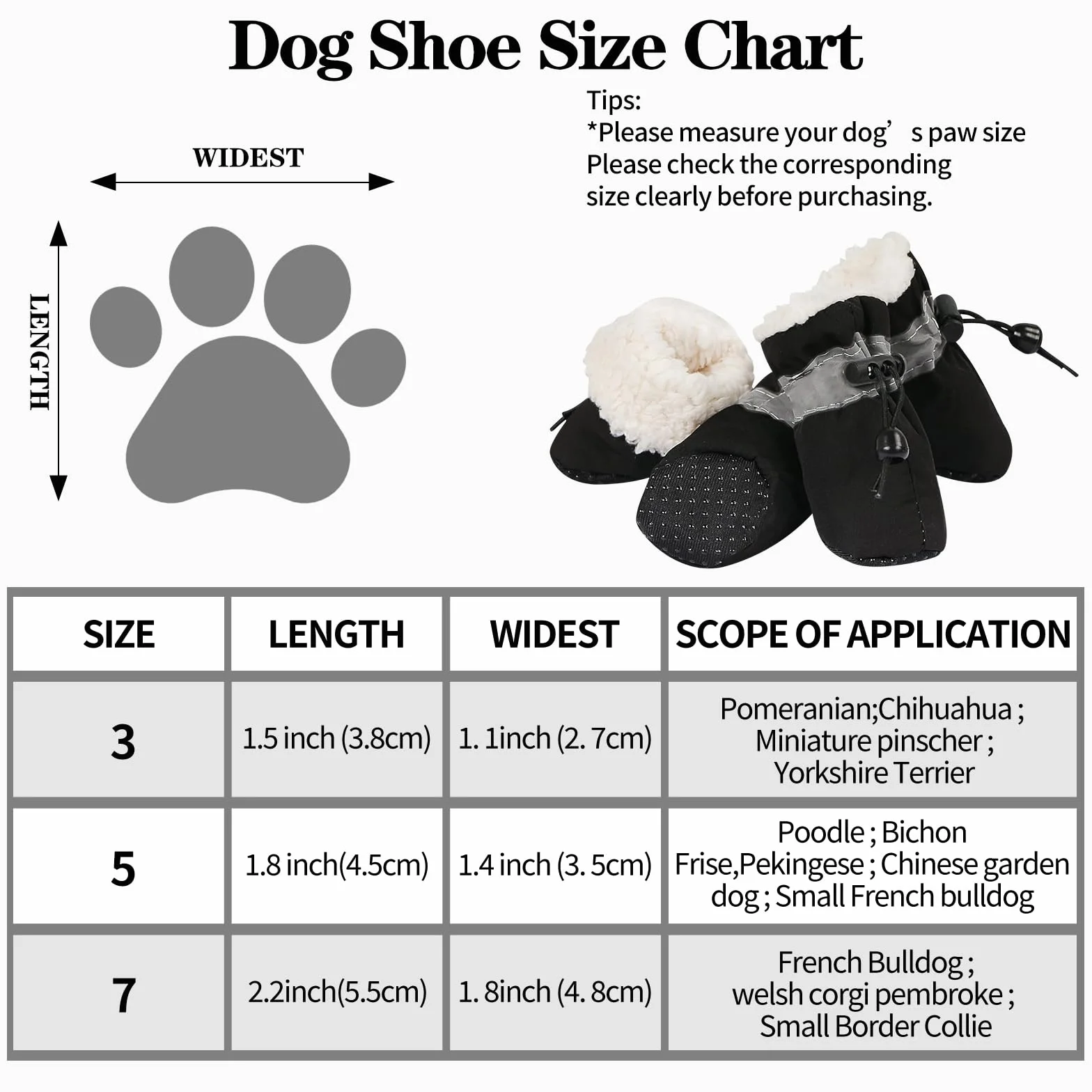Buty dla psów, buty śniegowe dla psów, ciepłe skarpety dla psa, z regulowanymi odblaskowymi paskami, antypoślizgową podeszwą, ochraniaczem na łapy psów dla małych średnich (czarne-rozmiar 7