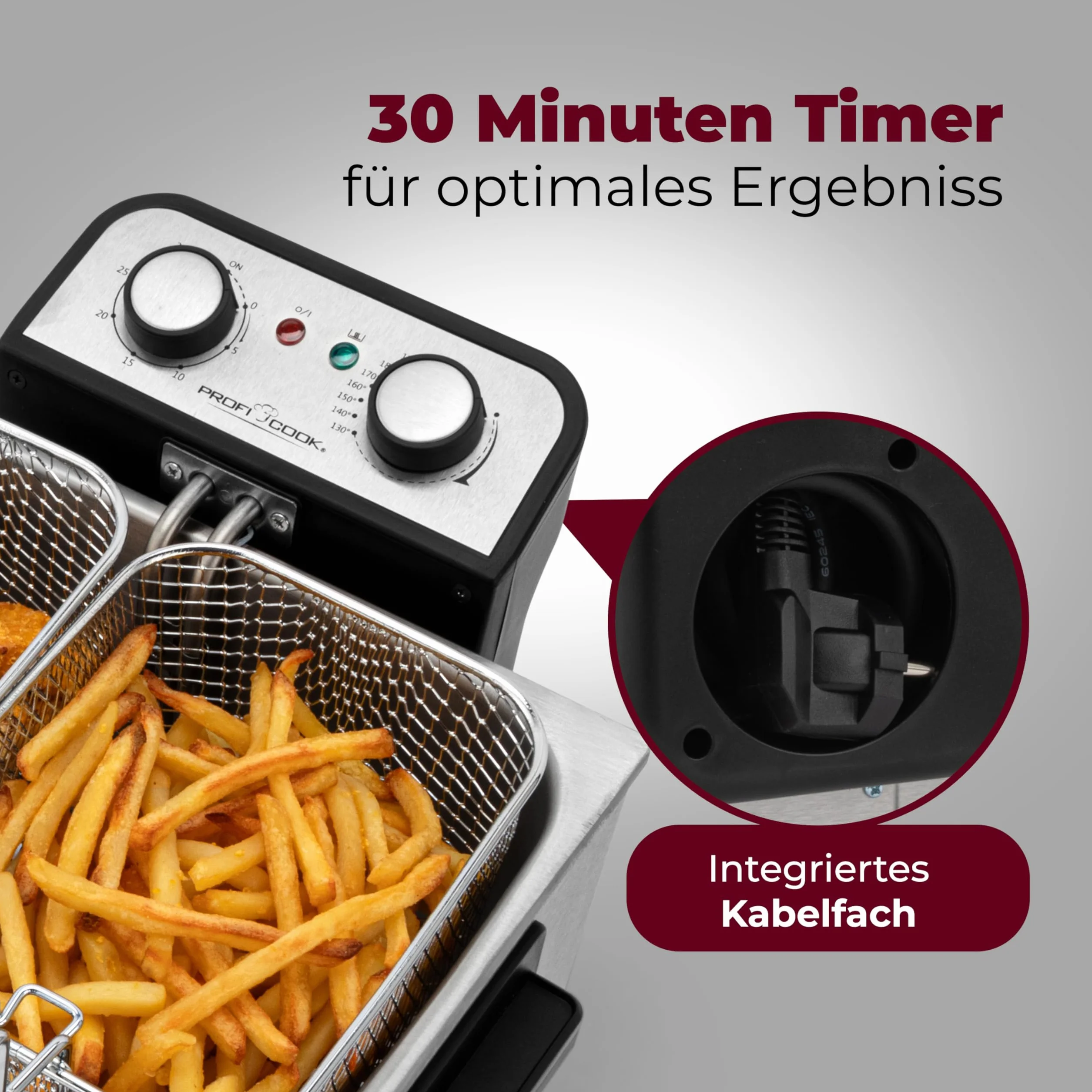 Profi Cook FR1038 Frytkownica, Stal Nierdzewna, 3000 W, 5 L, Srebrny/Czarny