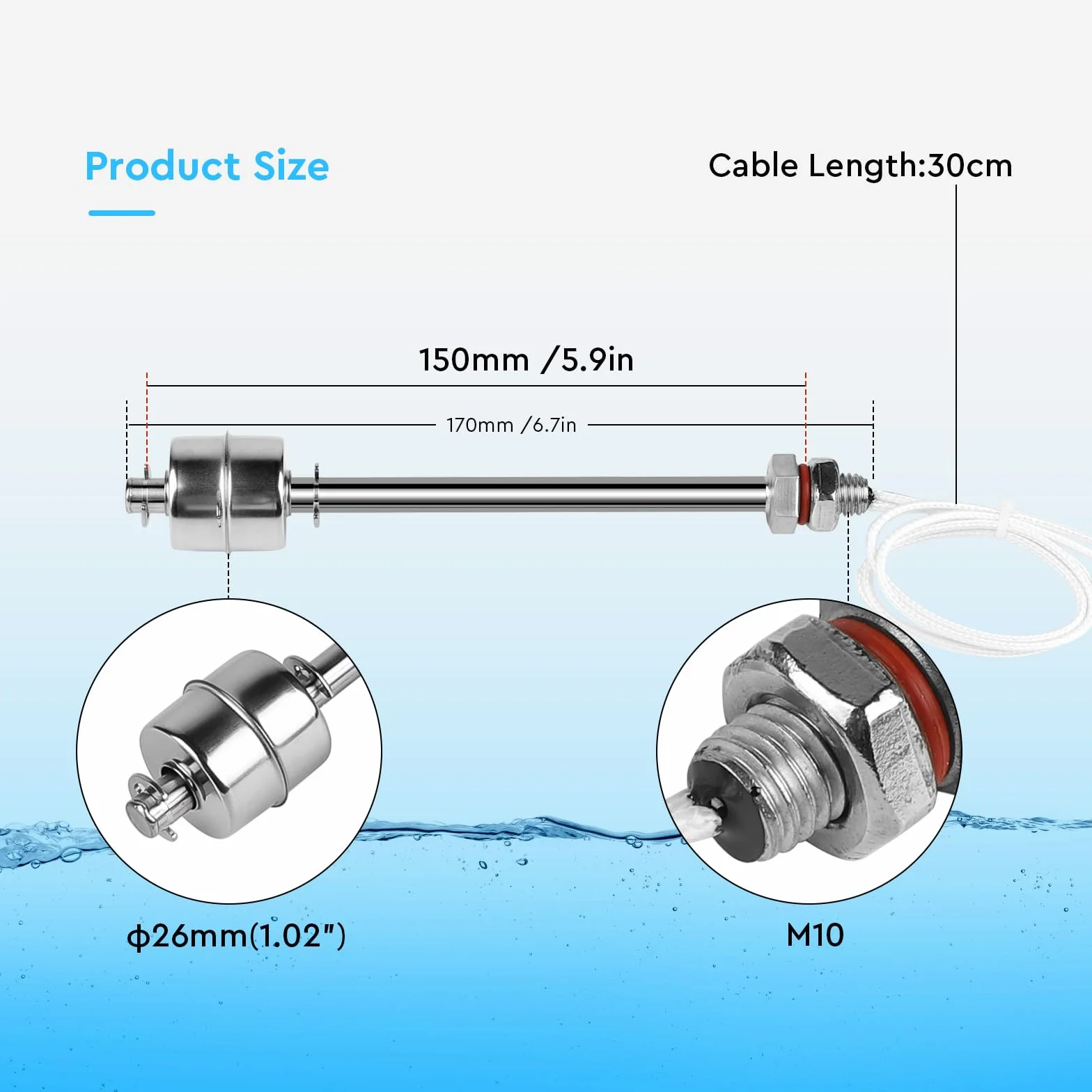 EXLECO Przełącznik pływakowy ze stali nierdzewnej 150 mm czujnik poziomu wody M10 230 V