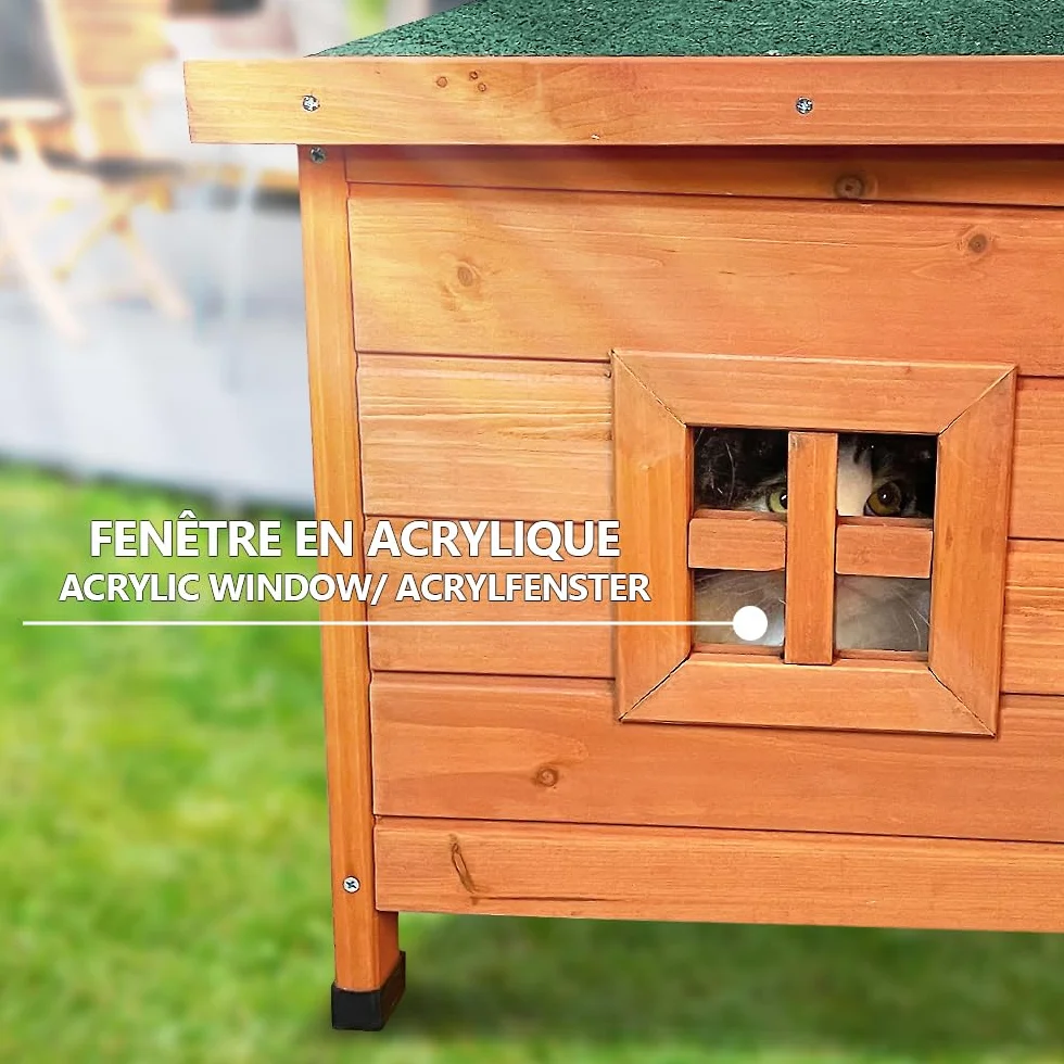 VOUNOT Drewniany domek dla kota z dachem i oknem pleksiglasowym Domek toaletowy dla kota Meble tacki z drzwiami niszowymi 57x45x43cm