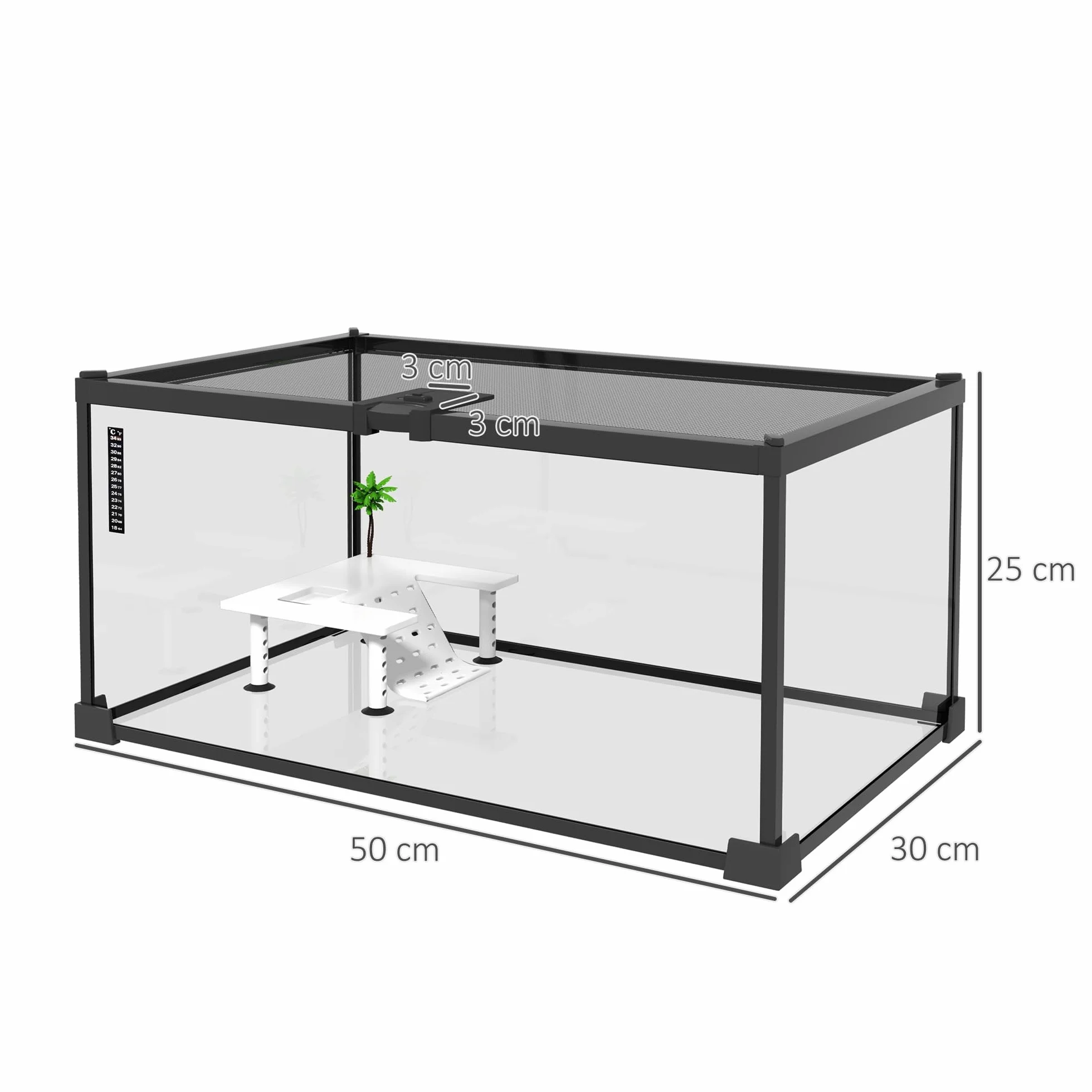 PawHut Pojemnik na gady Akwarium Żółwie Terrarium Siedlisko Przesuwne Siatka metalowa termometr, platforma z rampą, ozdobne palmy kokosowe i karmnik w zestawie szkło metalowe