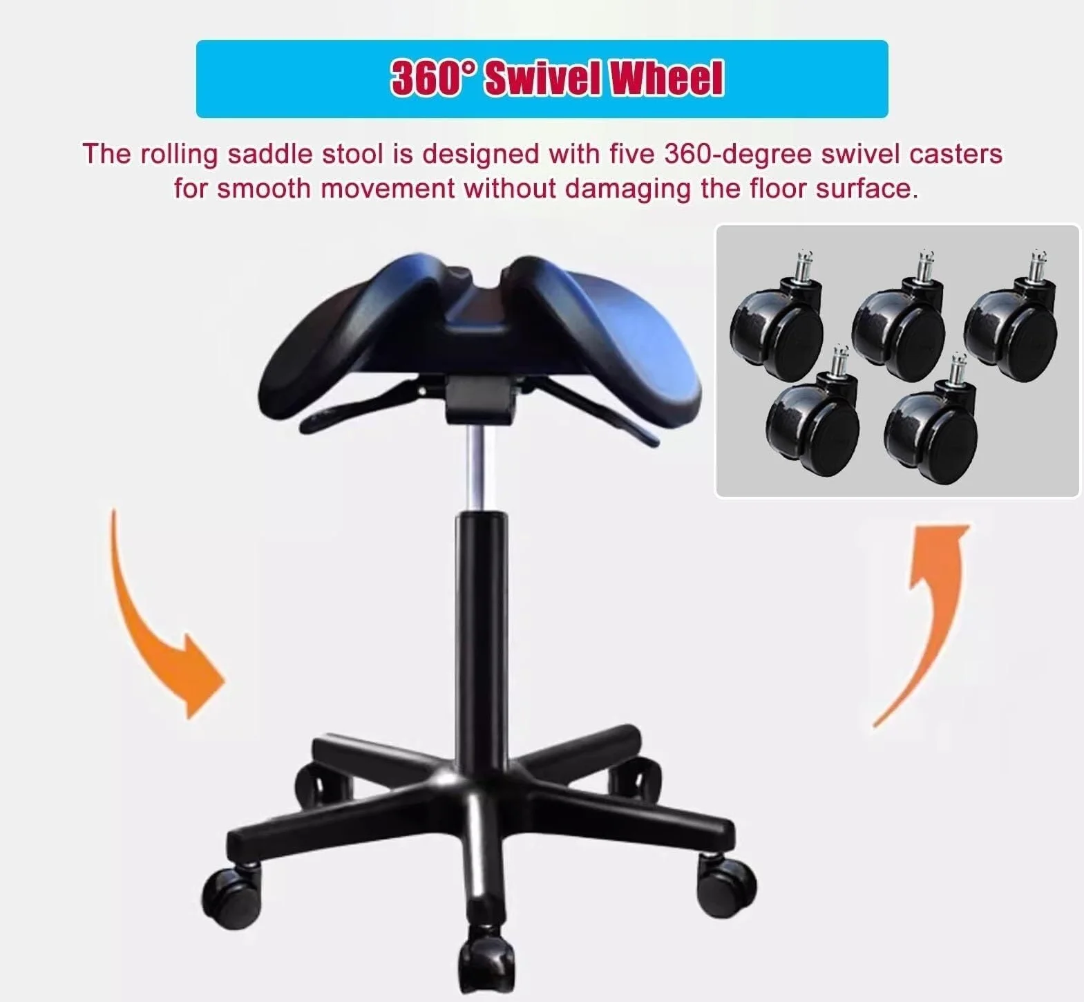 Ergonomiczne krzesło siodłowe z dzielonym stołkiem na kółkach 360° wysokość