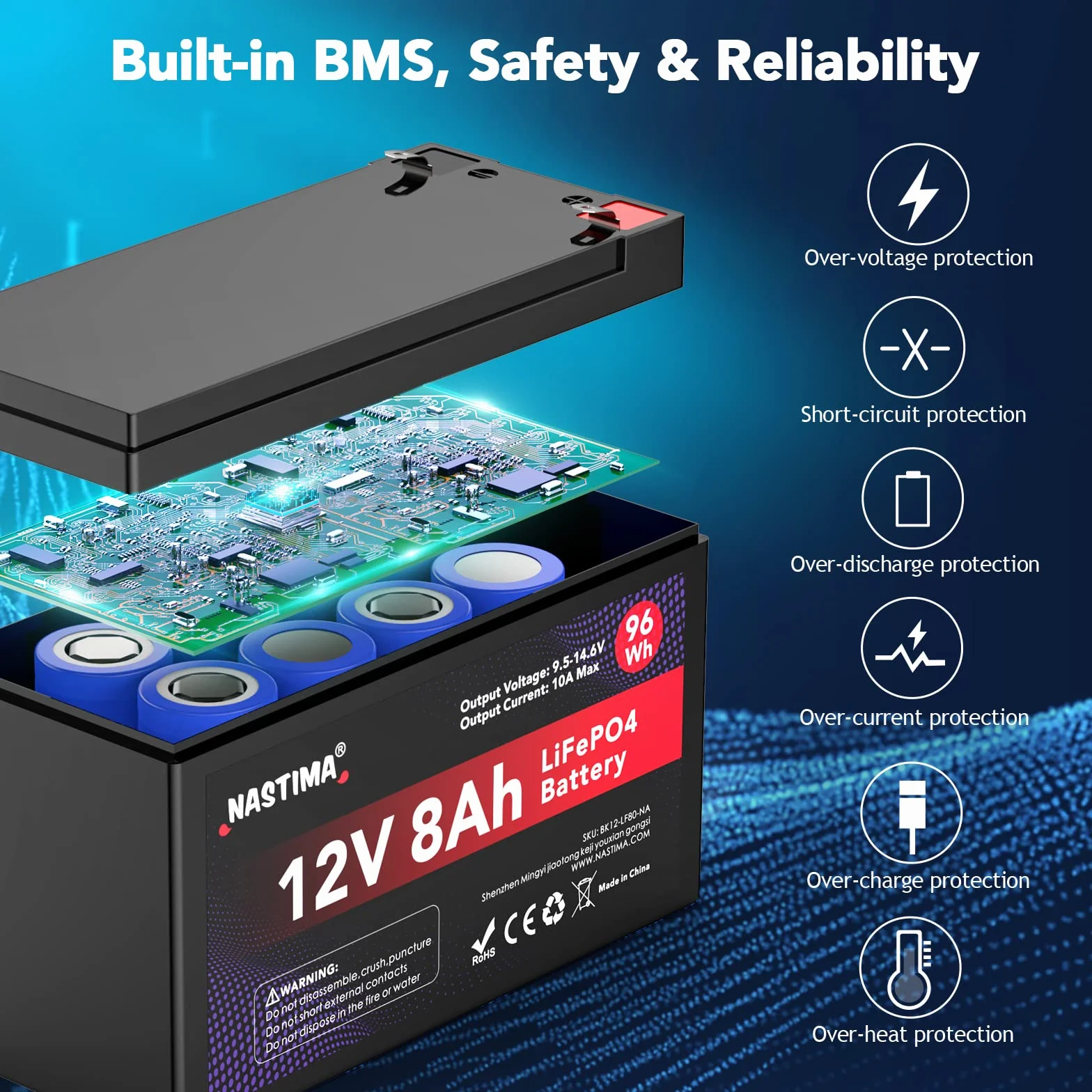 NASTIMA Akumulator 12 V 8Ah LiFePO4 z ochroną BMS i głębokim cyklem 4000, odpowiedni do zestawów paneli słonecznych, wózków dziecięcych, kamperów, łodzi, kempingu, echosondów