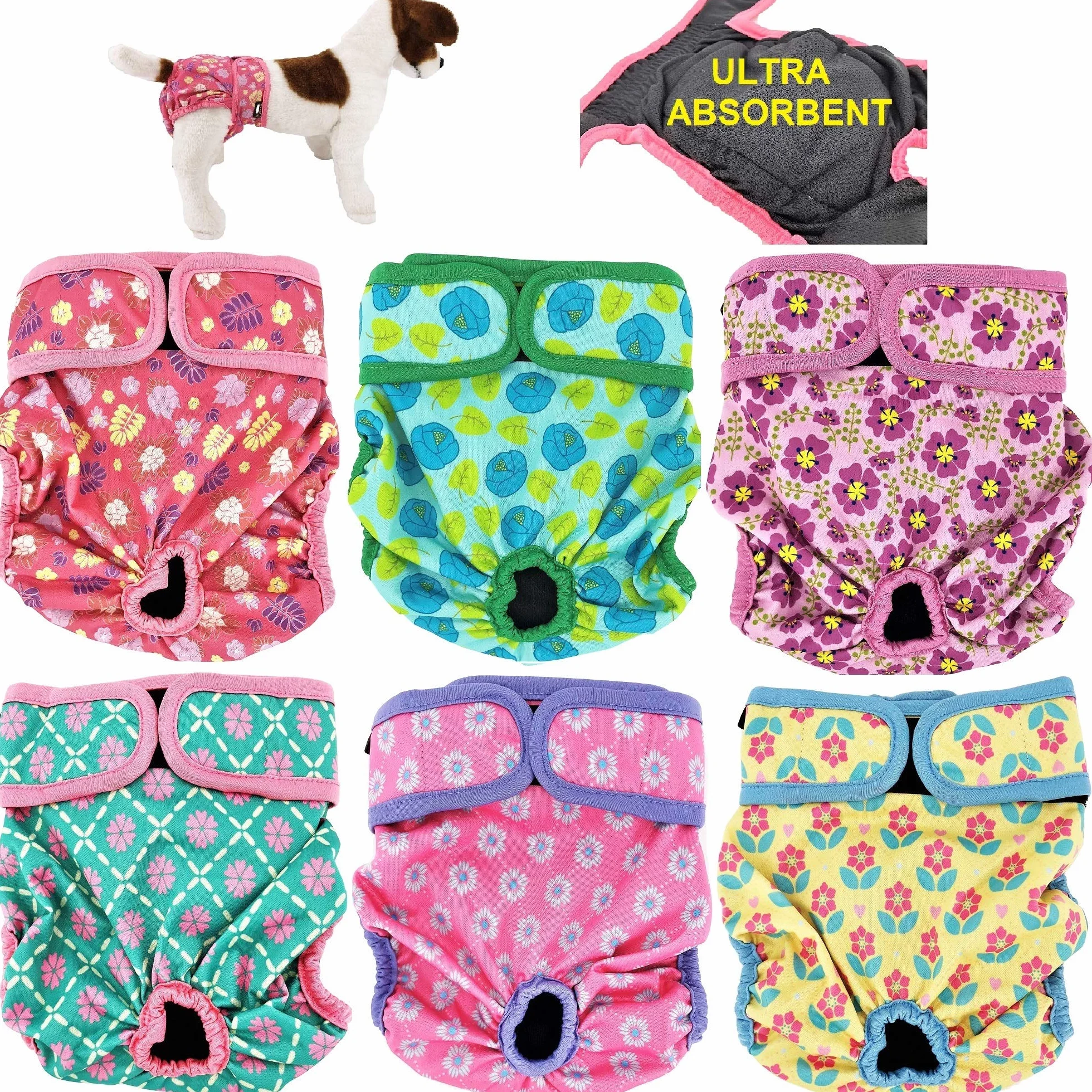 Opakowanie 6 pieluch dla kobiet z 4 warstwami chłonnych wkładek, majtki dla kota, wodoodporne, szczelne, nadające się do prania (L: talia 50-66 cm, opakowanie 6 wzorów)