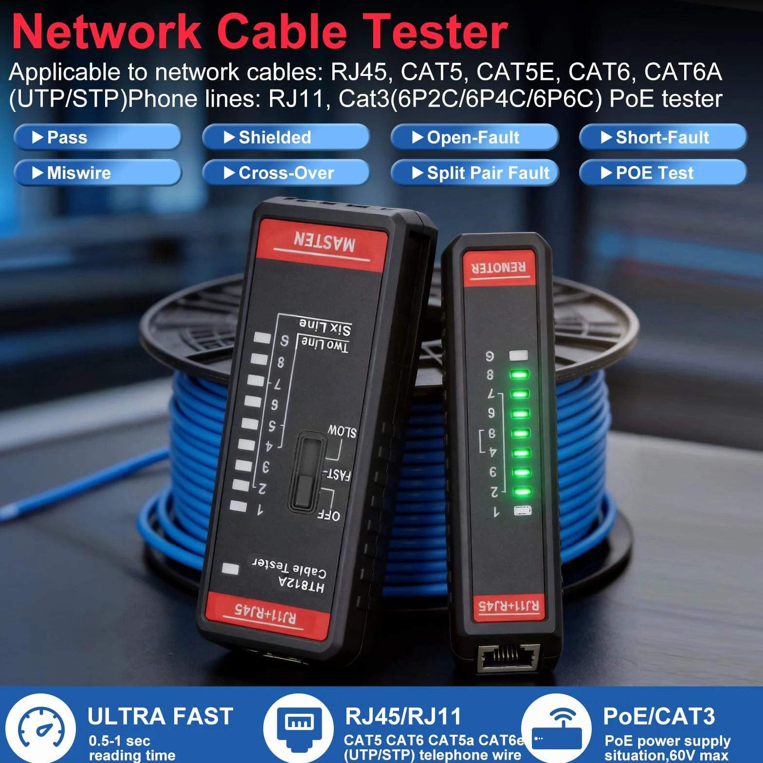 VOBOR RJ45 LAN Tester sieci RJ11 CAT7 CAT6 CAT5E CAT5 Ethernet kabel tester przewodności