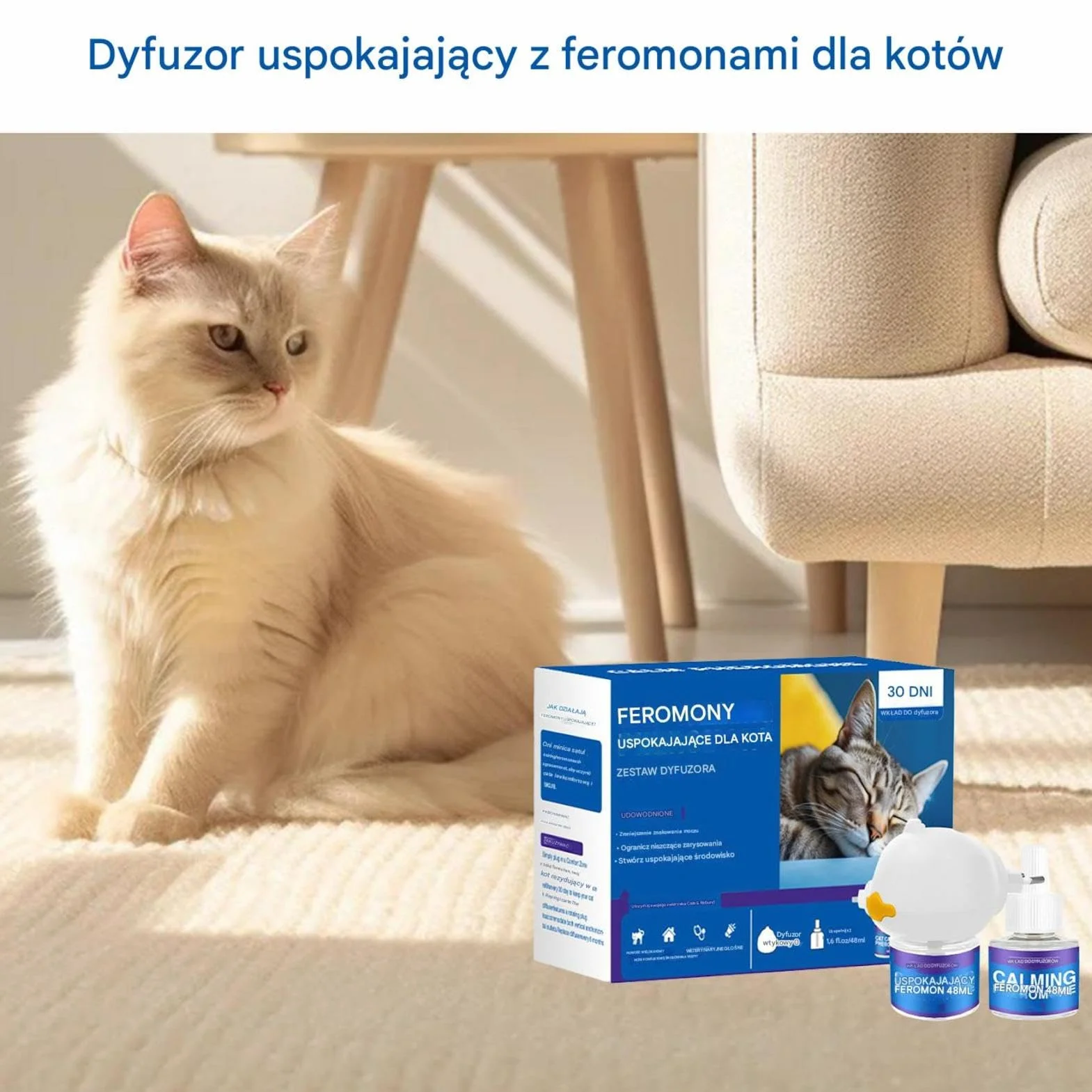 Feromony kota uspokajaj?ce nape?nienie dyfuzora, dyfuzor feromonu kota,?agodzi? dyfuzor stresu | 60 dni trwa?ej wtyczki uspokajaj?ce kota Uwolnienie utrzymywanego feromonu w celu zmniejszenia stresu