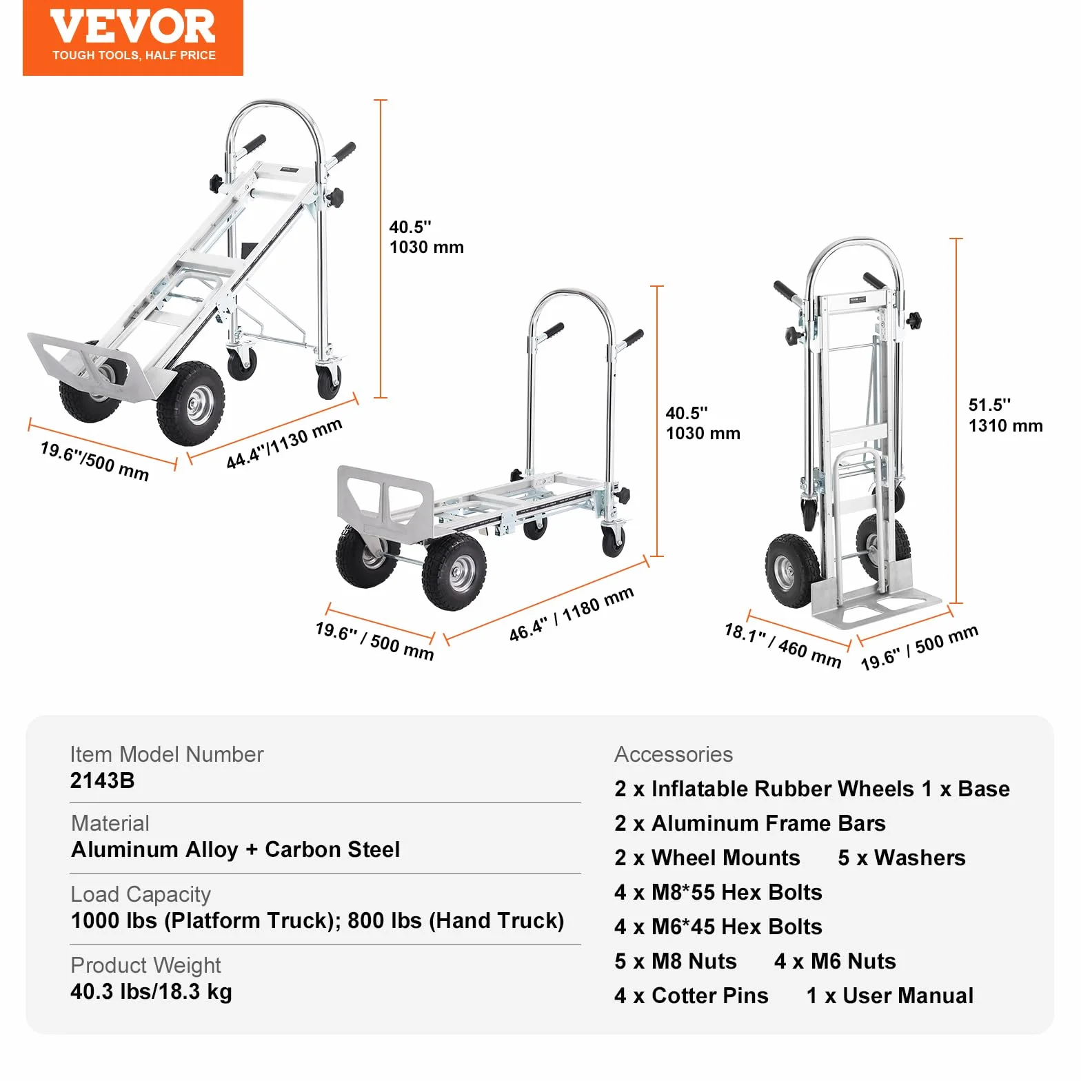 VEVOR Aluminiowy składany wózek transportowy 4 w 1 454 kg koła guma PU