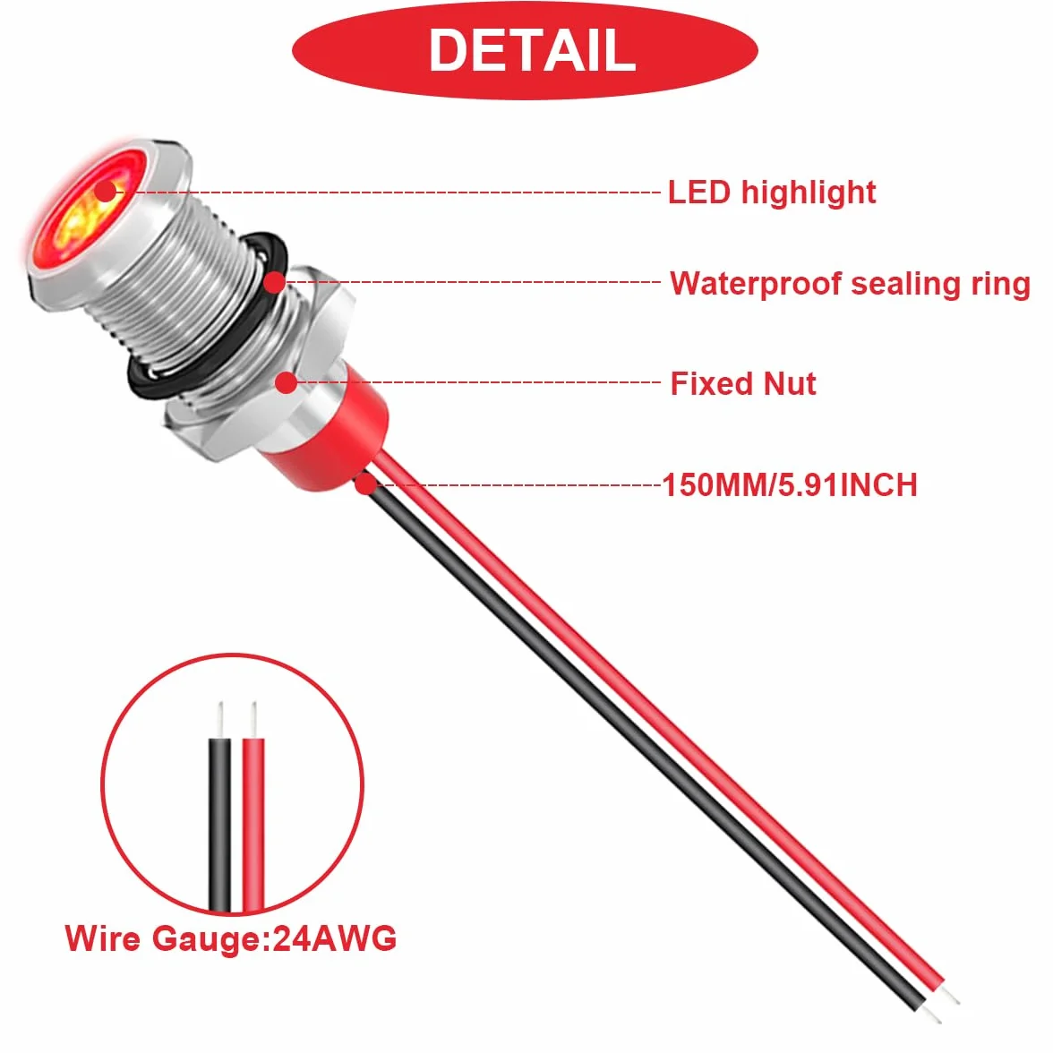 10 szt. 8 mm AC/DC 12-24 V LED metalowa lampa sygnalizacyjna, wodoszczelna, 5 kolorów (czerwony/żółty/niebieski/zielony/biały) z kablem o długości 150 mm, metalowy kierunkowskaz LED i