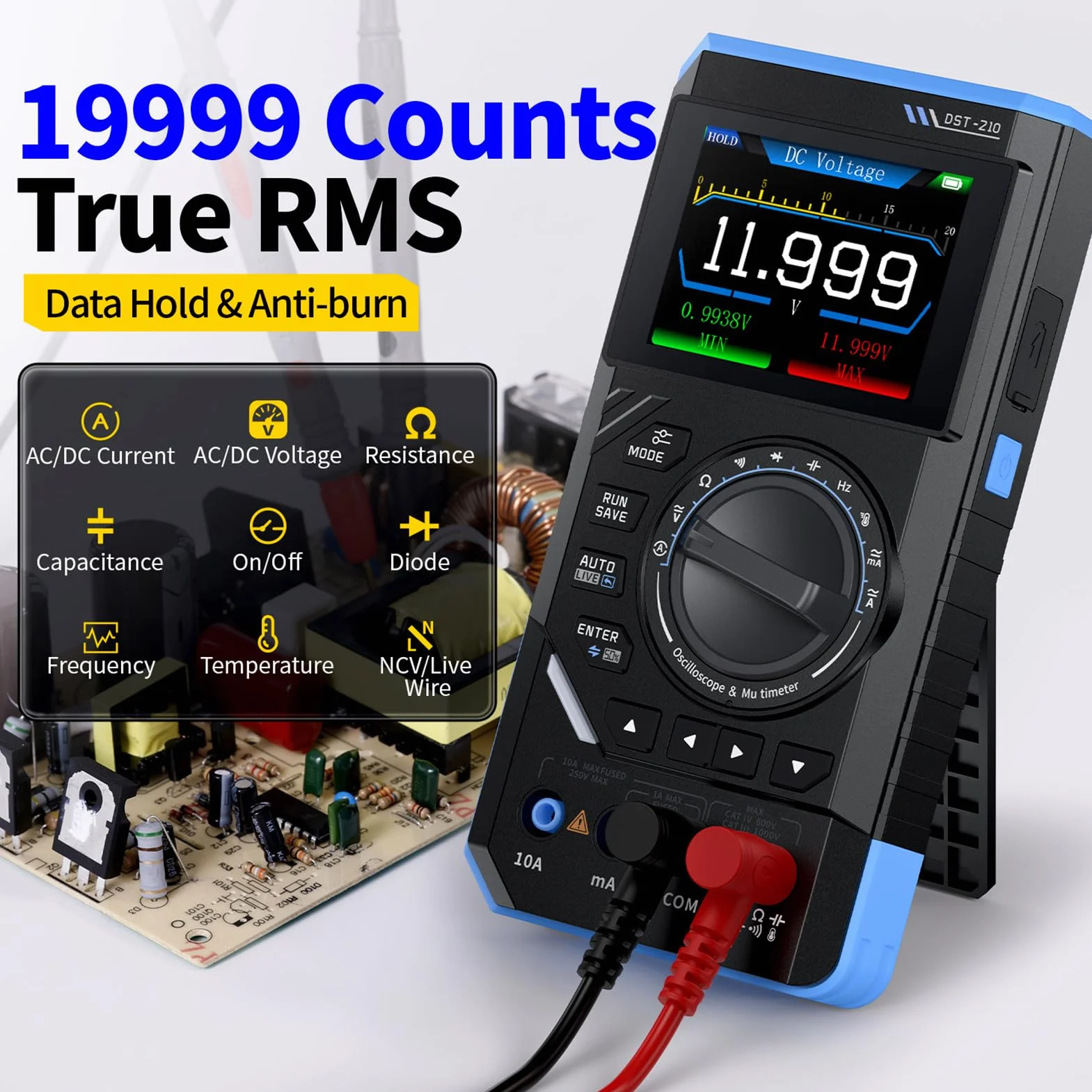 BuyWeek DST-210 Oscyloskop Przenośny Multimetr Cyfrowy Generator Sygnału 3 w 1 Tester Multimetr Elektryk 19999 Liczniki napięcia AC/DC, prąd, pojemność, rezystancja i diody