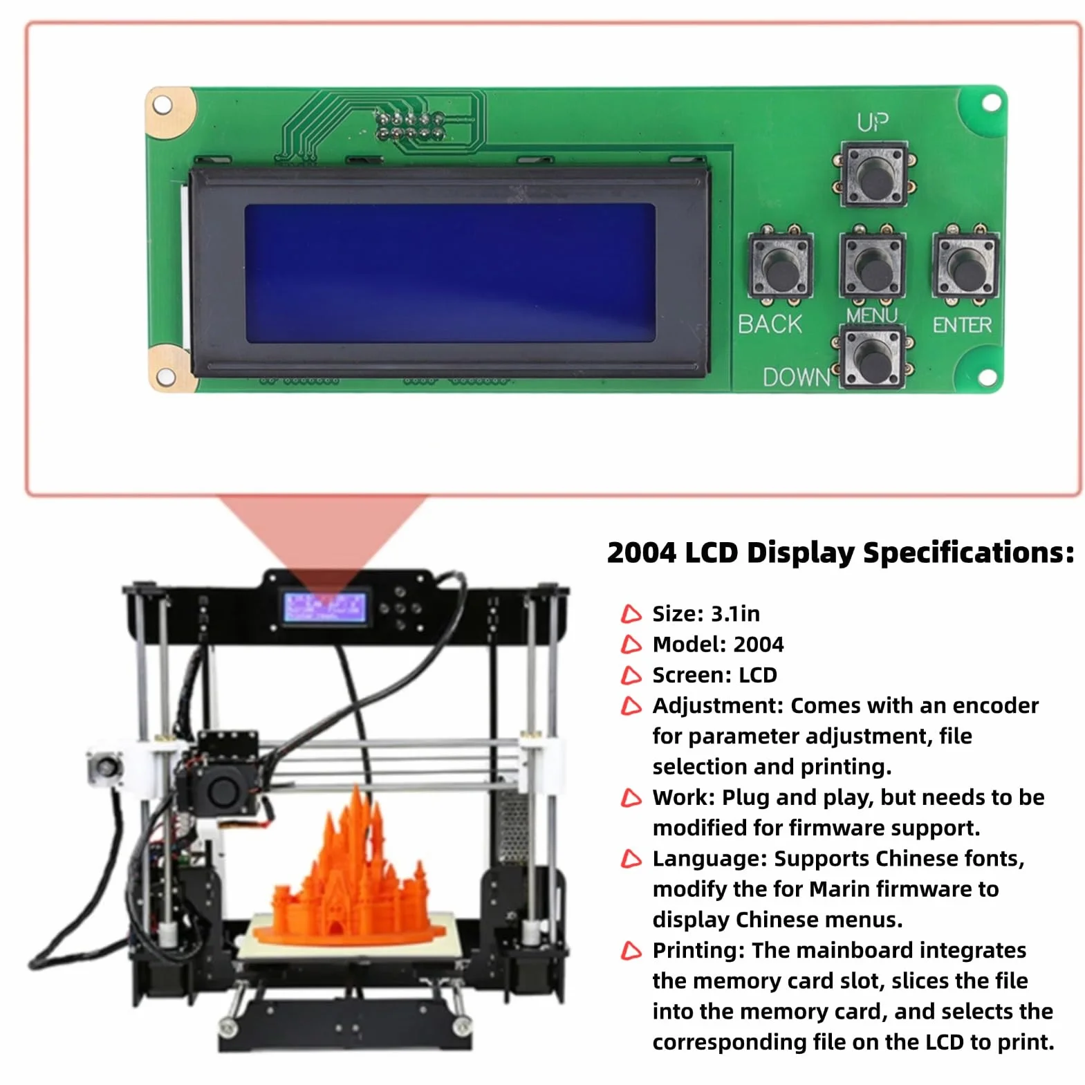 Ekran Wyświetlacza LCD 3.1in Wyświetlacz LCD Płyta Sterowania Panel Kontrolera z 5-pinowym Kablem do Anet A8, do A6, do A4