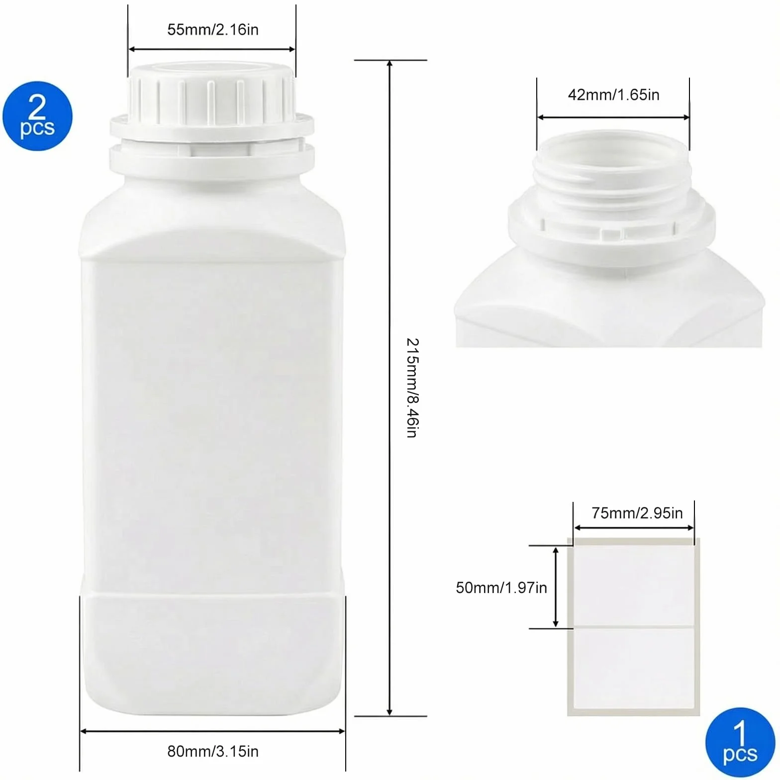 2 butelki z szeroką szyjką 1000 ml, z nakrętką, HDPE, butelki laboratoryjne, 1 l, butelki plastikowe z szeroką szyjką, butelka chemiczna z pokrywką, do laboratorium, kuchni lub hobby, kolor
