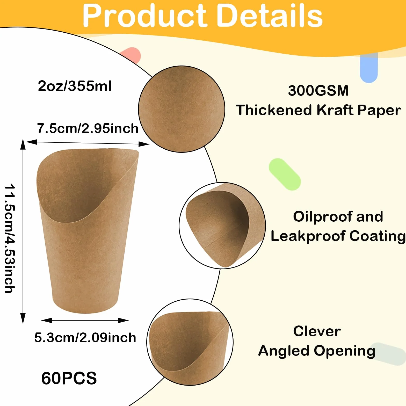 60 sztuk uchwytów na frytki z papieru typu kraft, 355 ml, pojemnik na przekąski z papieru, pogrubione, jednorazowe frytki, kubki z ukośnymi ustami, kiełbasy, desery, kubki do zabrania ze sobą, na