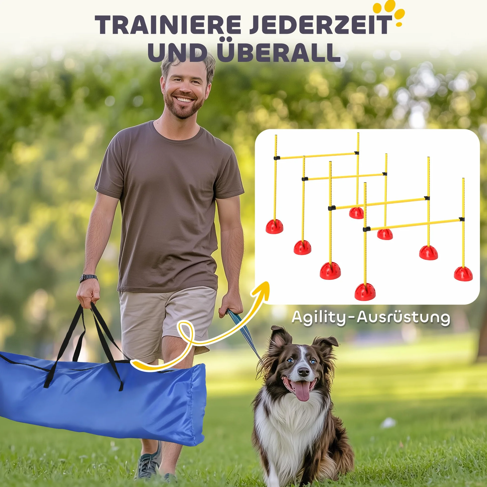 PawHut Agility zestaw dla psów, 5-częściowy, do napełniania, wyposażenie agility do treningu psa, zestaw płotek z regulacją wysokości, torba transportowa, akcesoria treningowe, trening koordynacyjny