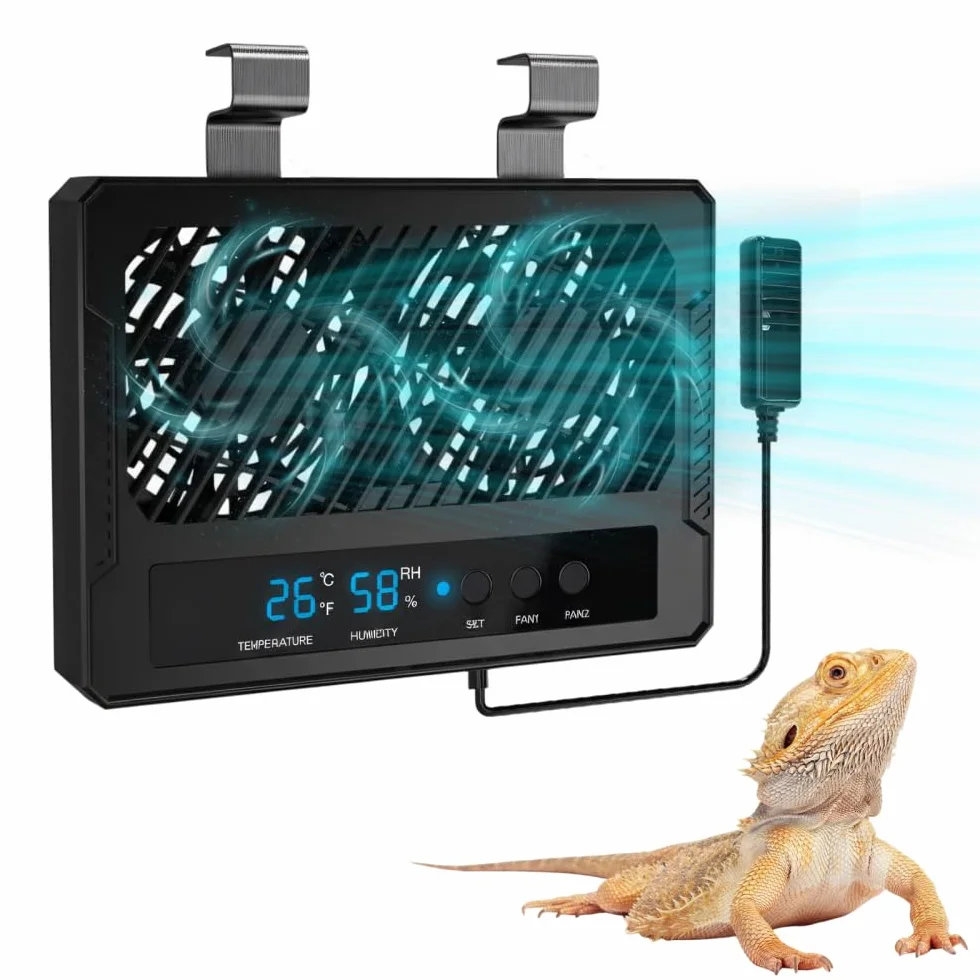 Wentylator dla gadów, klimatyzacja z podwójnym wentylatorem do terrarium z czujnikiem temperatury i wilgotności, akcesoria poprawiające cyrkulację powietrza dla płazów, gadów
