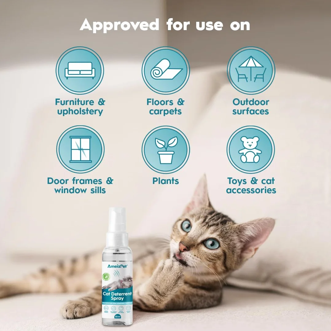 AmeizPet Spray Odstraszający Koty Przed Drapaniem, Spray Odstraszający Koty, Zapobiega Drapaniu Mebli, Dywanów, Zasłon I Roślin, Do Użytku Wewnątrz I Na Zewnątrz, 50 ml (1.69 oz)